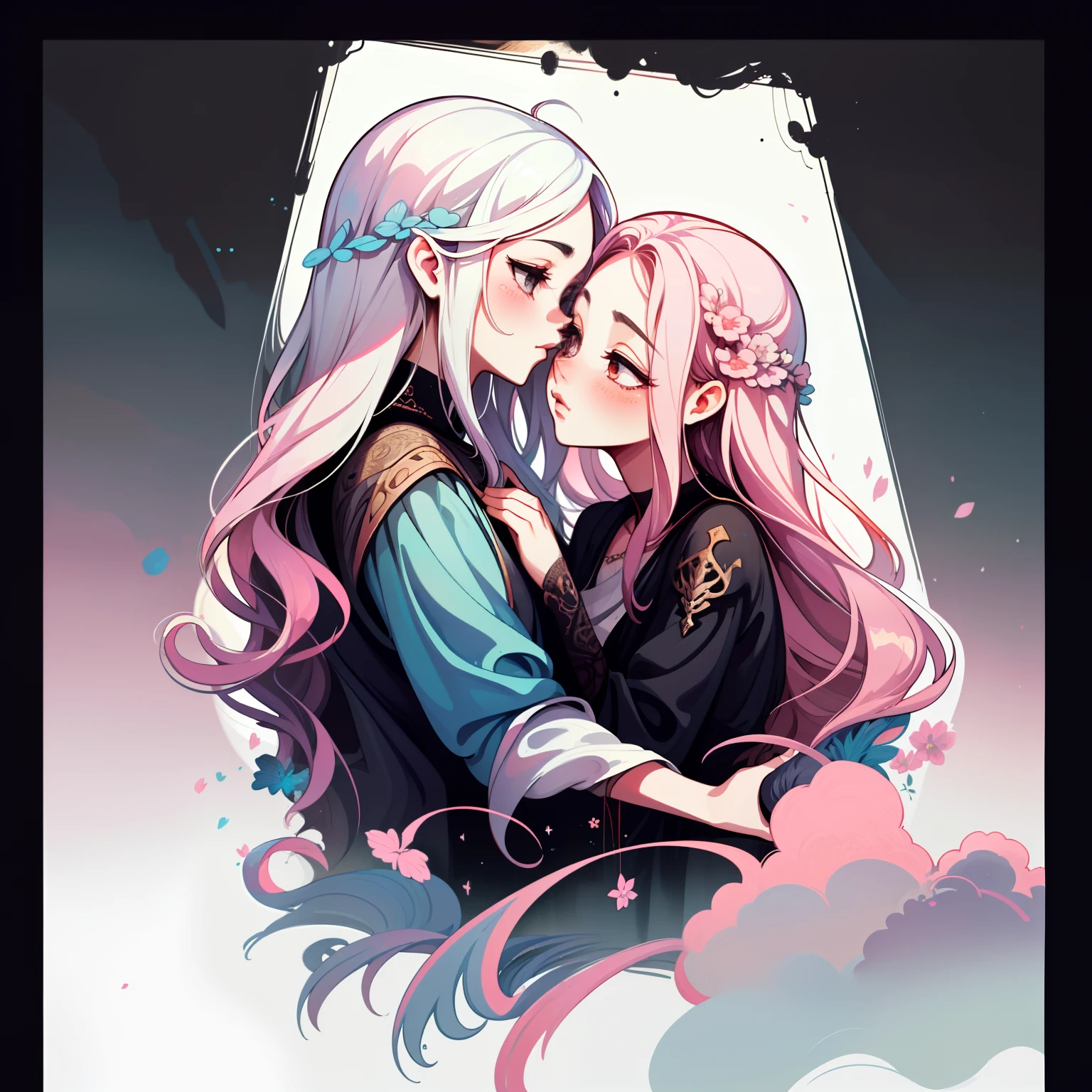 adesivo, fundo simples, portrait, 2 girls, couple, kissing, girl with long hair, beautiful goddess girl, goddess aesthetic, beautiful girl, very beautiful fantasy art, beautiful and elegant female goddess, beautiful detailed fantasy, white and pink color palate, black color-theme