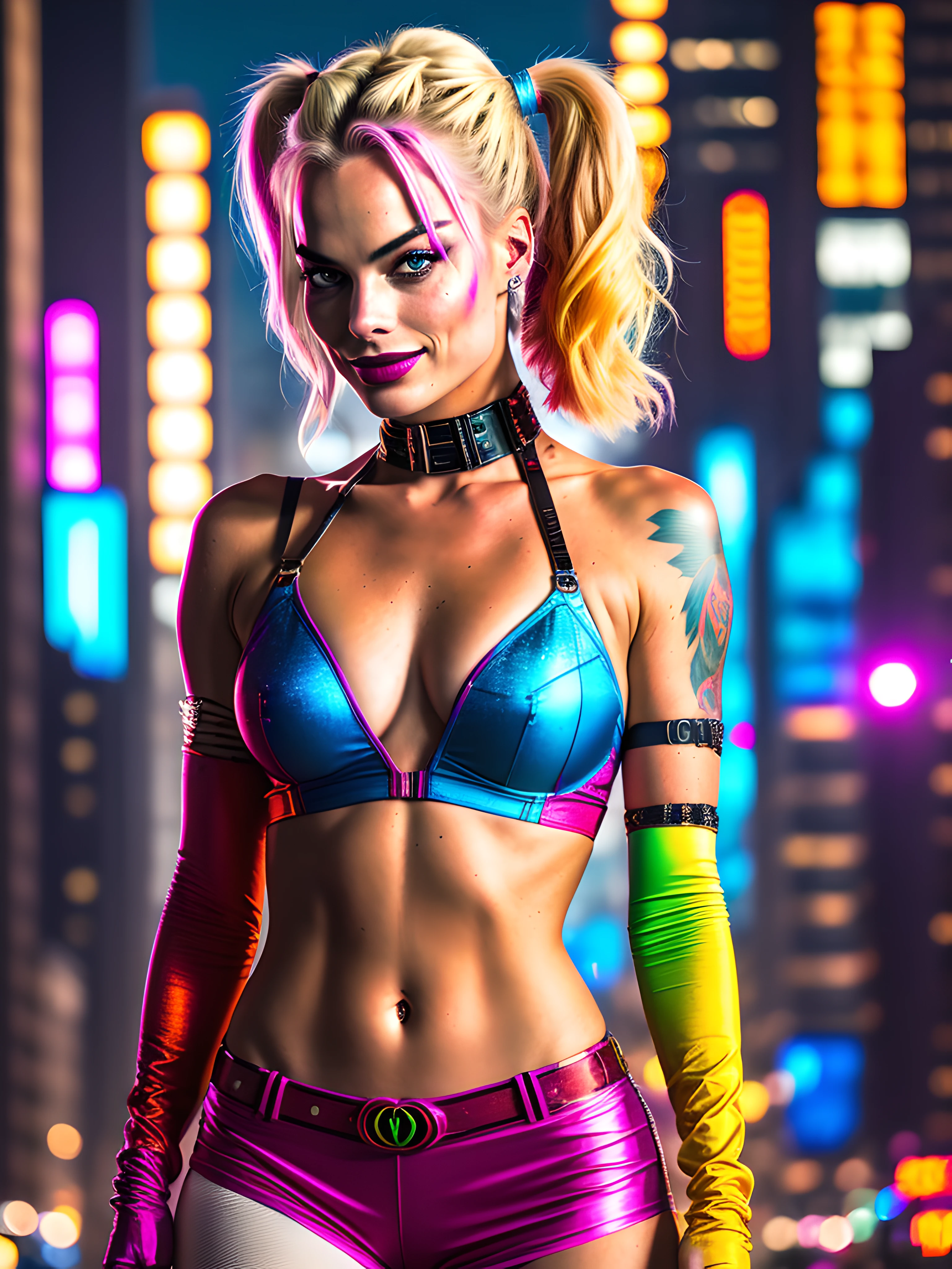 modelshoot style, 20yo Margot Robbie as Harley Quinn in a futuristic cyberpunk city, intricate, scifi, futuristic, Harley Quinn make up, feminine crazy smiling face, detailed eyes, waist up, best quality masterpiece, photorealistic, detailed, 8k, HDR, shallow depth of field, broad light, high contrast, backlighting, bloom, light sparkles, chromatic aberration, sharp focus, RAW color photo