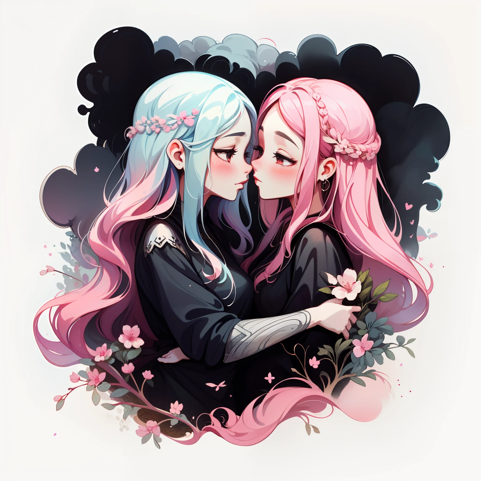 adesivo, fundo simples, portrait, 2 girls, couple, kissing, girl with long hair, beautiful goddess girl, goddess aesthetic, beautiful girl, very beautiful fantasy art, beautiful and elegant female goddess, beautiful detailed fantasy, white and pink color palate, black color-theme