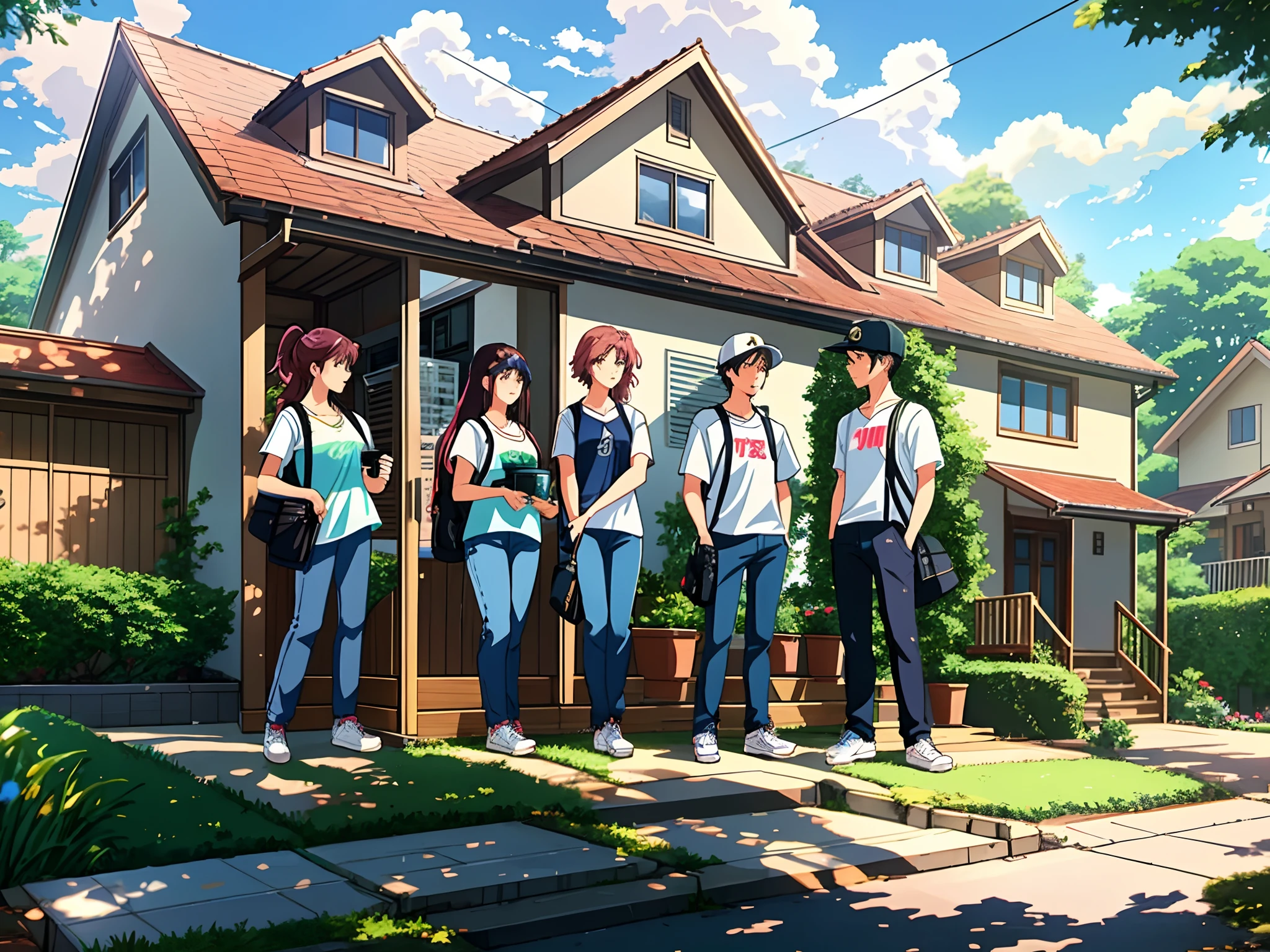 There was a group of people standing outside the house，Two-storey building，Outside the house is the yard，grassy fields，Five people，Middle aged，3 men，2 women，2.5D，anime figure，Casual clothes for summer，denim pant，，rcasual，tmasterpiece，Top image quality，hyper HD，Super A resolution