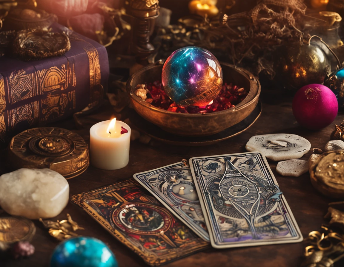 mano,tarot cards,divination,tabletop,crystal sphere,waxy candles,crystal,spirituality