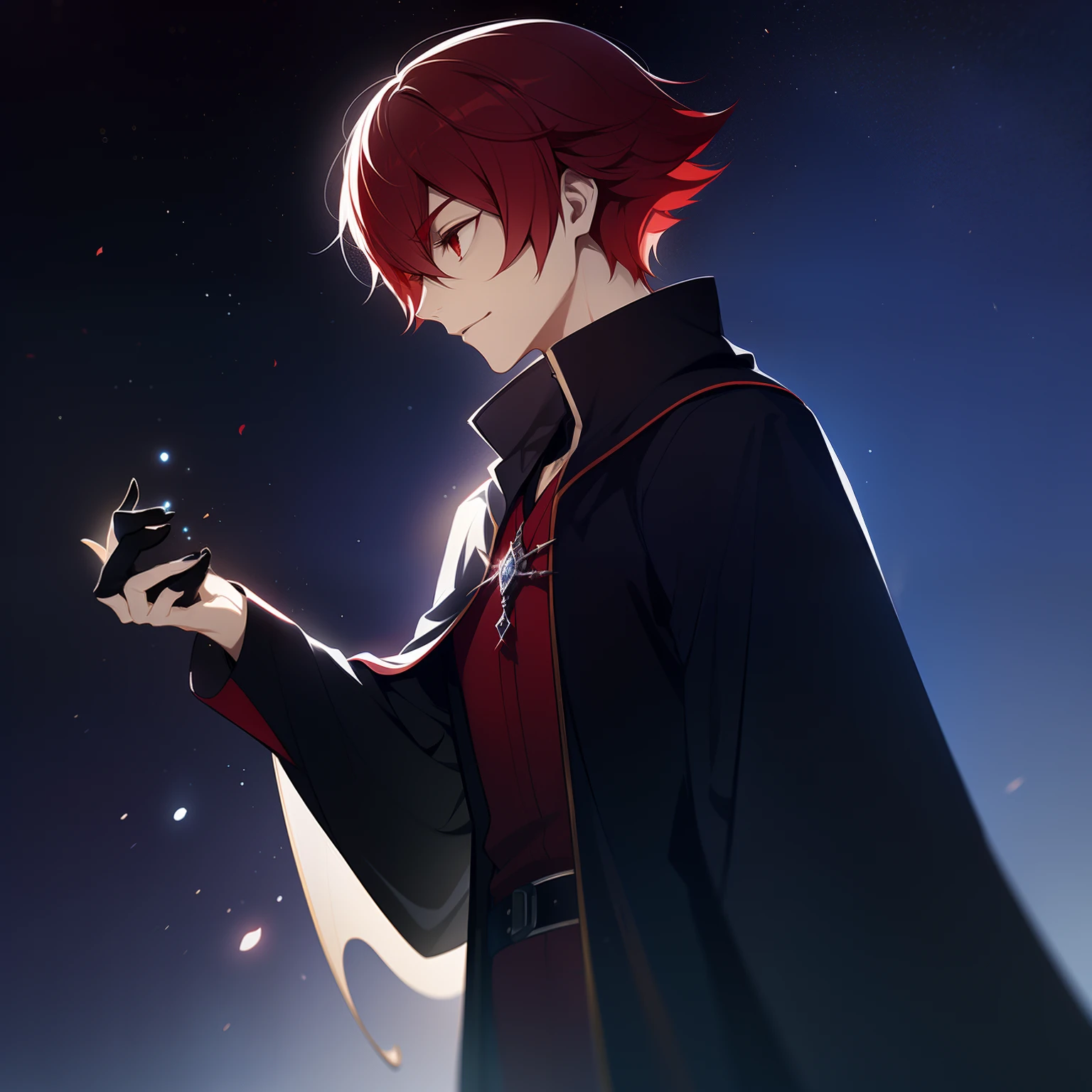 A young man with short red hair emo style he is mysterious with red and black robes he is in a dark and dimly lit city a dirty medieval city and darkness he is a medieval rpg character an art for rpg a medieval art for rpg art in the background of the image a large hourglass on the horizon of a starry sky representing the magic of time