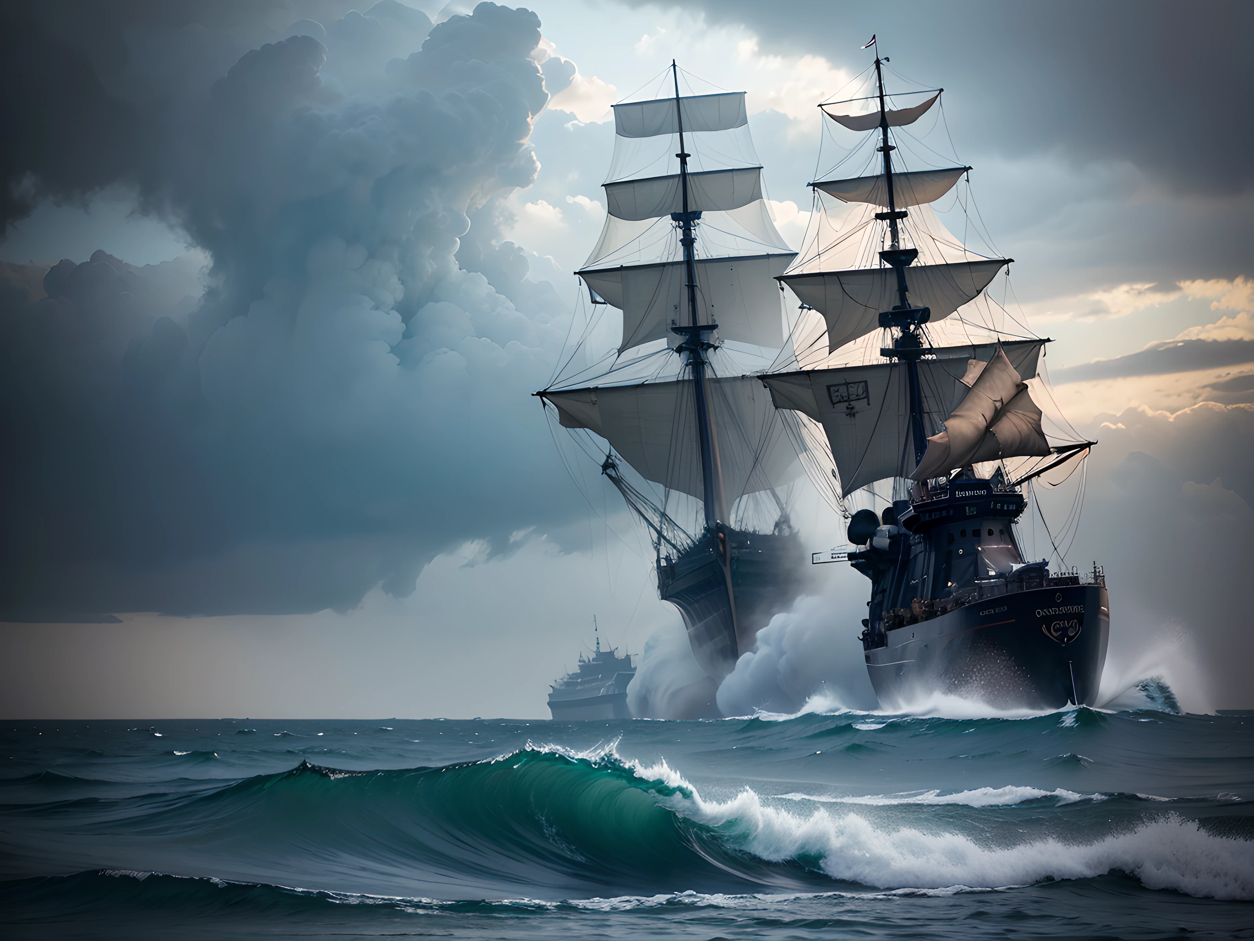 "Generate an ultra-high definition image depicting a dramatic battle between two weathered wooden pirate ships amidst a tumultuous storm. Utilize advanced composition techniques to capture the dynamic action and the awe-inspiring clash of elements.

Position the camera to showcase both ships in mid-conflict, utilizing a wide-angle lens to emphasize the expansive storm-tossed ocean and the grandeur of the ships. Employ dynamic lighting to highlight the weathered textures of the ships' wood and the rolling waves.

Utilize a fast shutter speed to freeze the intense action as cannons roar and waves crash, preserving every moment of the fierce battle. Experiment with exposure settings to capture the stark contrast between the darkened sky and the fiery bursts of cannon fire.

Frame both ships within the composition using the rule of thirds, ensuring that the viewer's attention is drawn to the ships' fierce engagement while showcasing the immense scale of the waves and the storm. Enhance the image's color palette to evoke the ominous mood, with deep blues and grays contrasting against the flashes of cannon fire.

Implement post-processing techniques to refine the image's contrast, sharpness, and color balance, ensuring that every detail, from the ships' intricate rigging to the frothy textures of the waves, is rendered with astonishing realism.

Ultimately, capture the chaotic spectacle of two pirate ships locked in battle against the backdrop of a stormy sea, inviting viewers to witness the daring clash of human determination and the raw power of nature in an image that resonates with energy and intensity."