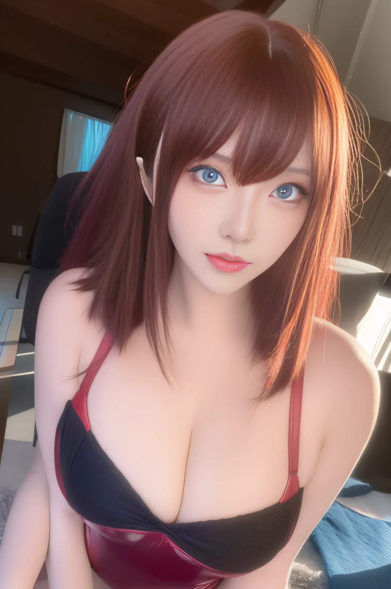 Best quality，tmasterpiece，1girll，red tinted hair，short detailed hair，eBlue eyes，shiny skins，sunflare，an award winning photograph, Wide angle photo of the beach, morningglow，Healthy body, closeup cleavage, with dynamism, Photorealistic, Realistic, Dramatic, Dark, Sharp focus, 8K，20yr old，fully body photo（top-quality，8K，tmasterpiece：1.3），Sharp focus：1.2，Beautiful Women in Perfect Figure：1.4，The abdomen is slender：1.2，（Layered Hair Style，：1.2），Large breasts 1.3，Light red floral one-piece swimsuit，（distance：1.2），Moist body：1.1，Get out of the water，Very delicate face and skin texture，Detailed eyes，二重まぶた，Raised sexy，marron marron，Real skin，Real eyebrows，Blue eyeballs，perfect proportion of body，knelt on the beach，Open your legs，Exercise posture，looking at viewert，Gaze towards the viewer