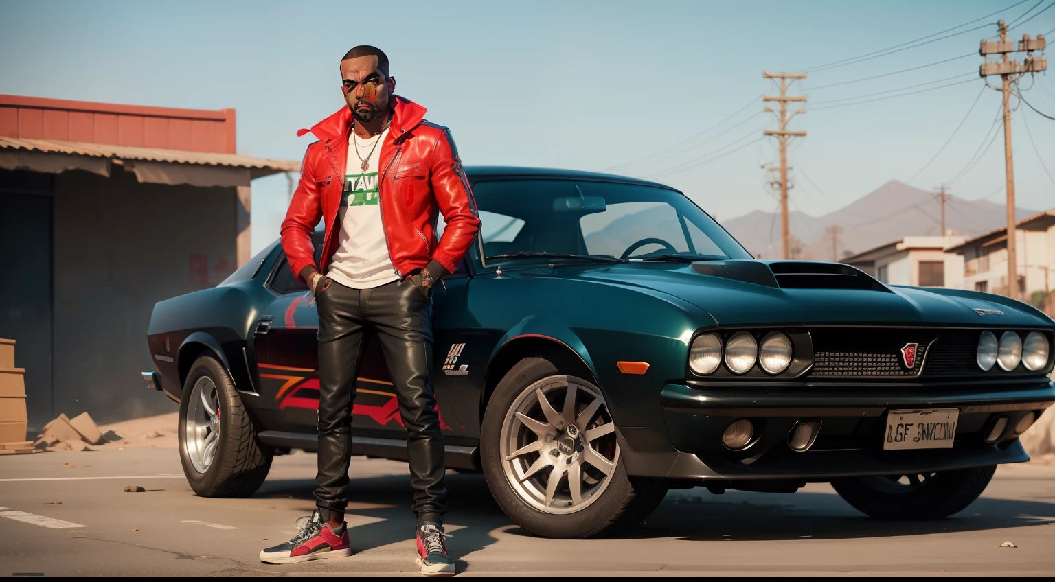 there is a man, gta personagem, Como o protagonista de GTA 5, gta v estilo, como um personagem de gtav, Kanye West em GTA v, drake em gta v, GTA5 Estilo, gta v personagem, empunhando fuzil de assalto, Snoop Dogg em GTA V, gta 5 tom de pele, Jesse Pinkman em GTA v, jaqueta vermelha,Fuzil AK-47, cenario de fundo uma favela estilo brasileira, e o personagem com cabelo vermelho,Favela no Brasil, carro preto Dodge Challenger SRT Hellcat 2019,with Ak-47 rifle in hand, rifle in hands.