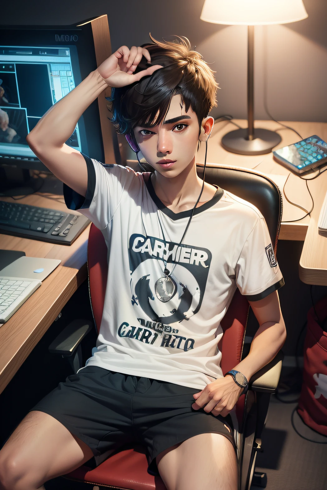 Best quality: 1.0), (Super High Resolution: 1.0), Anime boy, short black hair, blue eyes, sitting in front of computer playing games, background in esports room, he is masturbating, Big penis, real penis