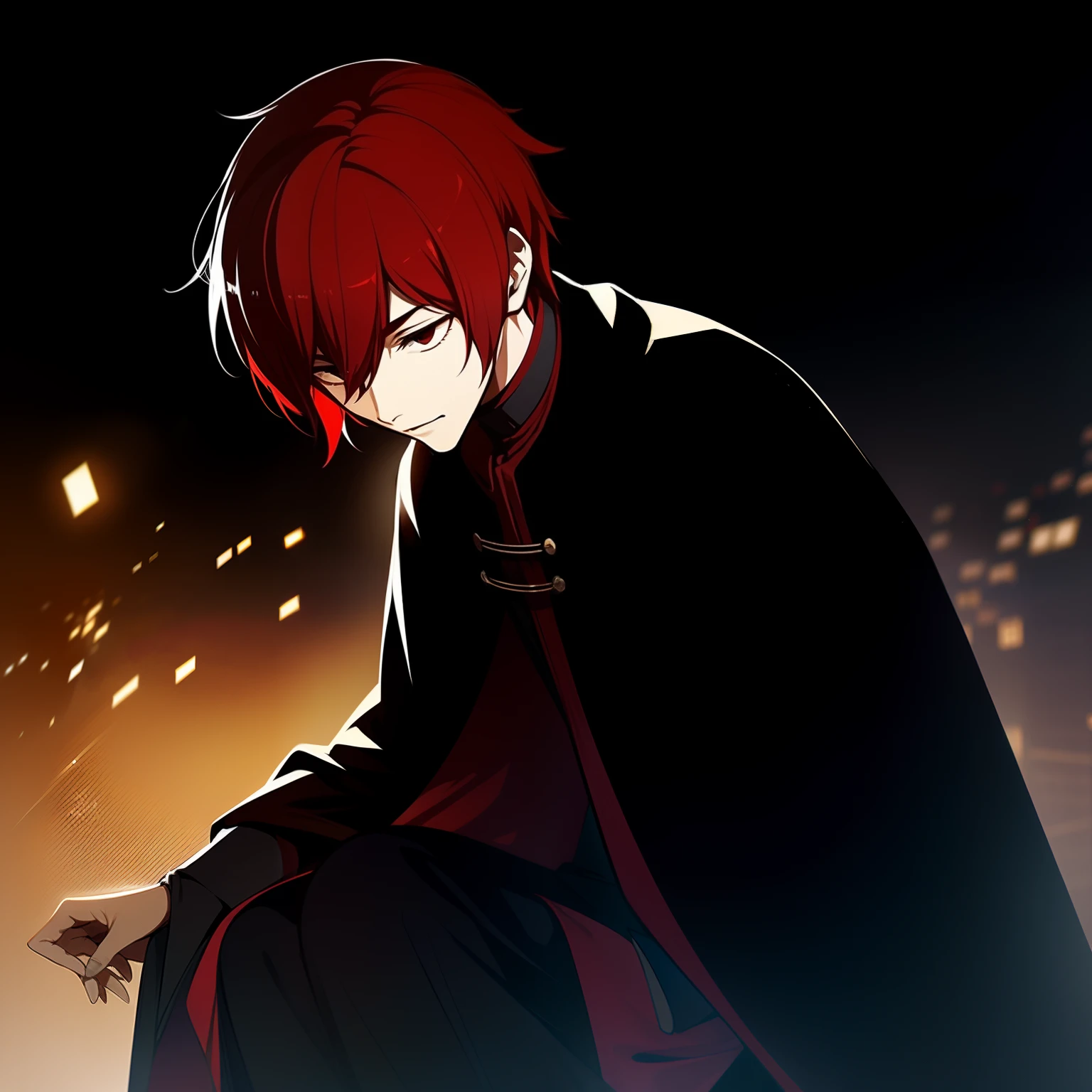 A young man with short red hair emo style he is mysterious with red and black robes he is in a dark and dimly lit city a dirty medieval city and darkness he is a character of medieval rpg an art for rpg a medieval art for rpg art
