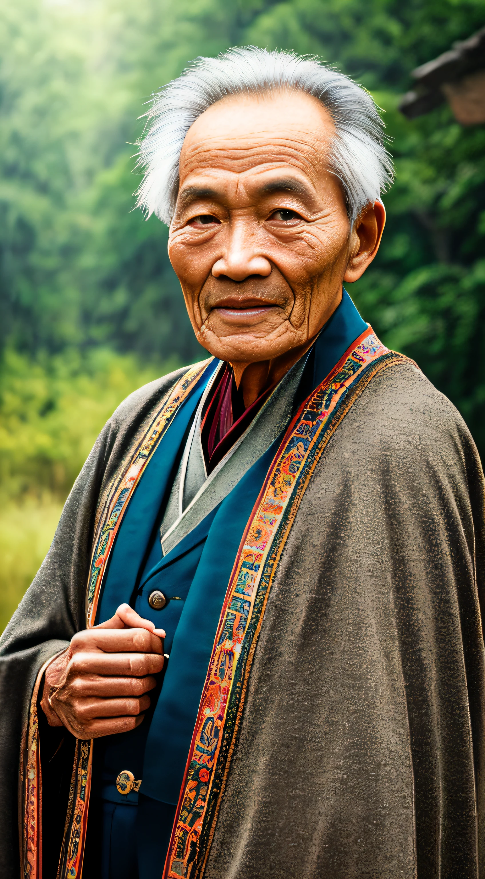 Portrait photography style, world masterpiece, super unique high professional digital art, film format, hyper-realism, color cinematography with ultra-fine details and quality, background is deep in the forest, an old man in rural China, an old man with wisdom. He wears an old cloak and his eyes are kind and shrewd. His body is upright, his skin has been blackened and powerful by the sun and rain, and the wrinkles are fixed on the corners of his mouth and forehead, which makes it seem that his years have precipitated. Although wearing a dark gown, although simple in appearance, it exudes sublime wisdom and a sense of tenacity of strength.