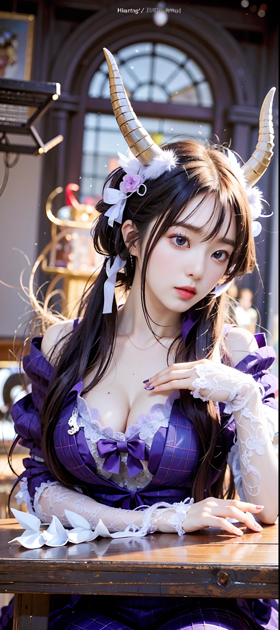 ((animemanga girl:1.2)sittinng on the desk),There are horns and purple dress,Gorgeous Role Play,Fantasy Queen,Beautiful celestial mage,Keqing from Genshin Impact,Guviz