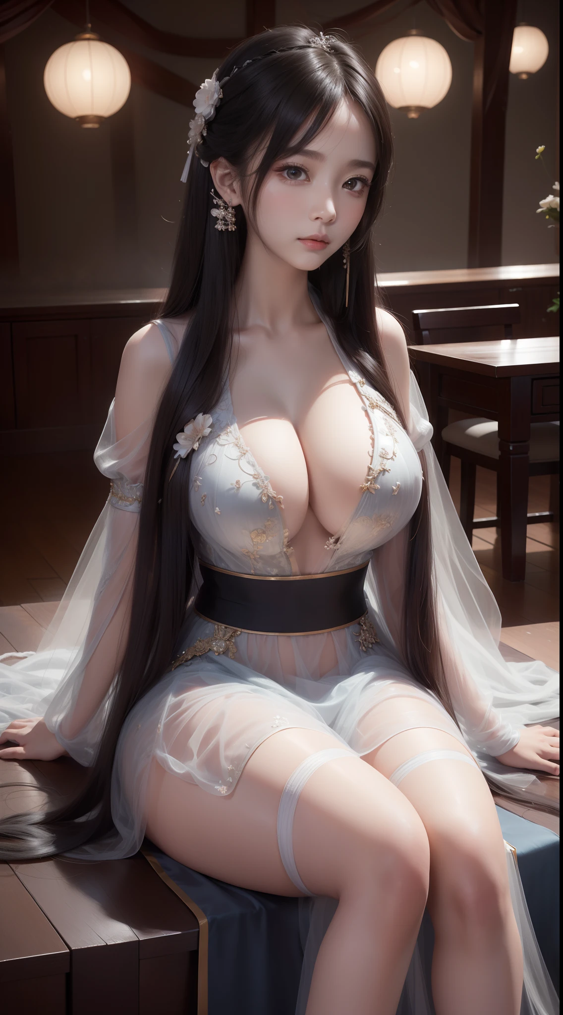 A girl,年轻,black color hair,horse tailed,Wearing a white tulle dress,A layer of clothing,cleanness,Looming skin,Hanfu style,Exposed cleavage,huge tit,High quality white stockings,real silk,Raised sexy,perfect bodies,inside in room,Sitting,独奏,Full body capture,best qualtiy,best illuminate,Highest high resolution,16K,Meticulous detailing,Very clear picture,RAW photos,