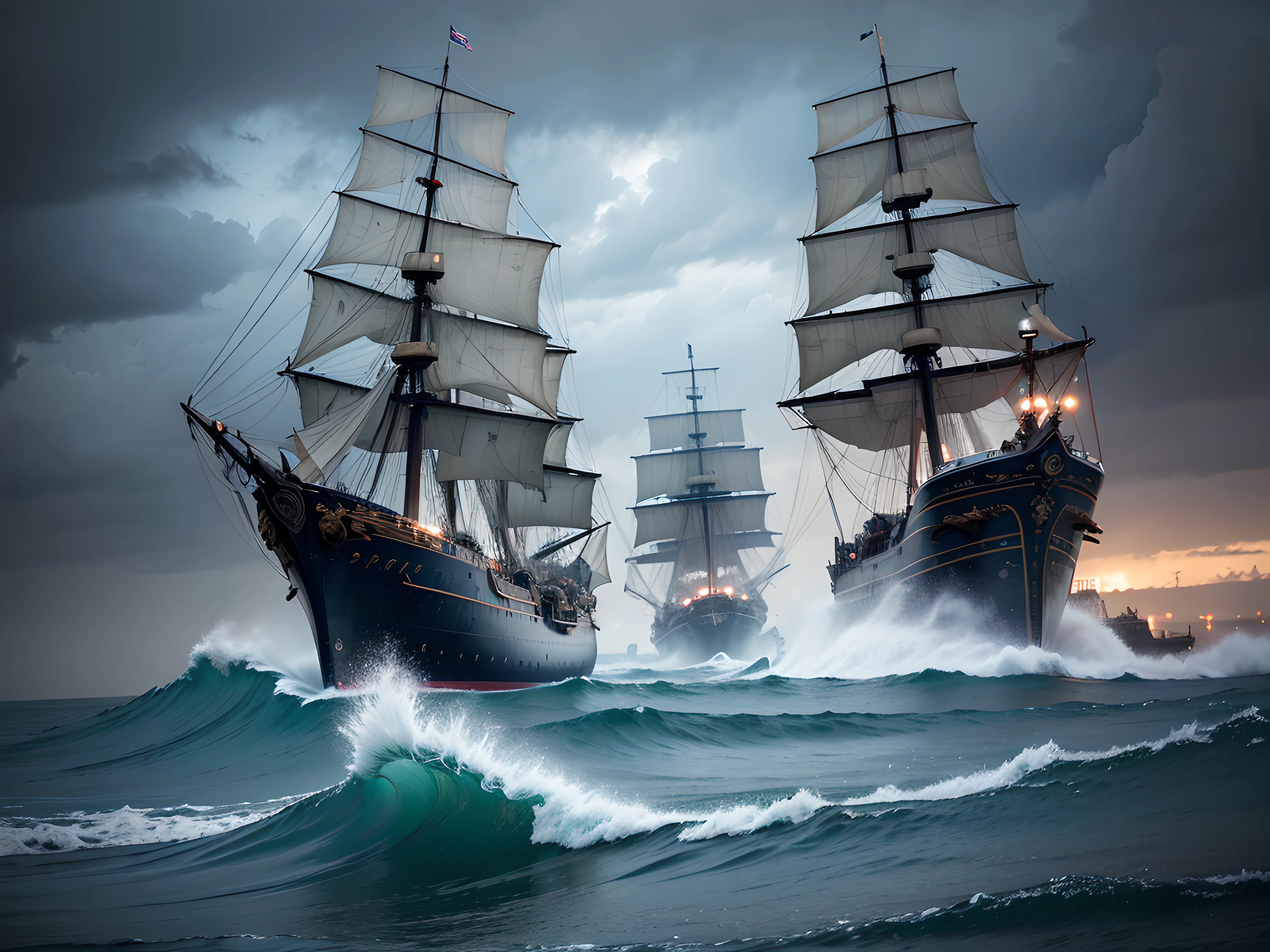 "Generate an ultra-high definition image depicting a dramatic battle between two weathered wooden pirate ships amidst a tumultuous storm. Utilize advanced composition techniques to capture the dynamic action and the awe-inspiring clash of elements.

Position the camera to showcase both ships in mid-conflict, utilizing a wide-angle lens to emphasize the expansive storm-tossed ocean and the grandeur of the ships. Employ dynamic lighting to highlight the weathered textures of the ships' wood and the rolling waves.

Utilize a fast shutter speed to freeze the intense action as cannons roar and waves crash, preserving every moment of the fierce battle. Experiment with exposure settings to capture the stark contrast between the darkened sky and the fiery bursts of cannon fire.

Frame both ships within the composition using the rule of thirds, ensuring that the viewer's attention is drawn to the ships' fierce engagement while showcasing the immense scale of the waves and the storm. Enhance the image's color palette to evoke the ominous mood, with deep blues and grays contrasting against the flashes of cannon fire.

Implement post-processing techniques to refine the image's contrast, sharpness, and color balance, ensuring that every detail, from the ships' intricate rigging to the frothy textures of the waves, is rendered with astonishing realism.

Ultimately, capture the chaotic spectacle of two pirate ships locked in battle against the backdrop of a stormy sea, inviting viewers to witness the daring clash of human determination and the raw power of nature in an image that resonates with energy and intensity."