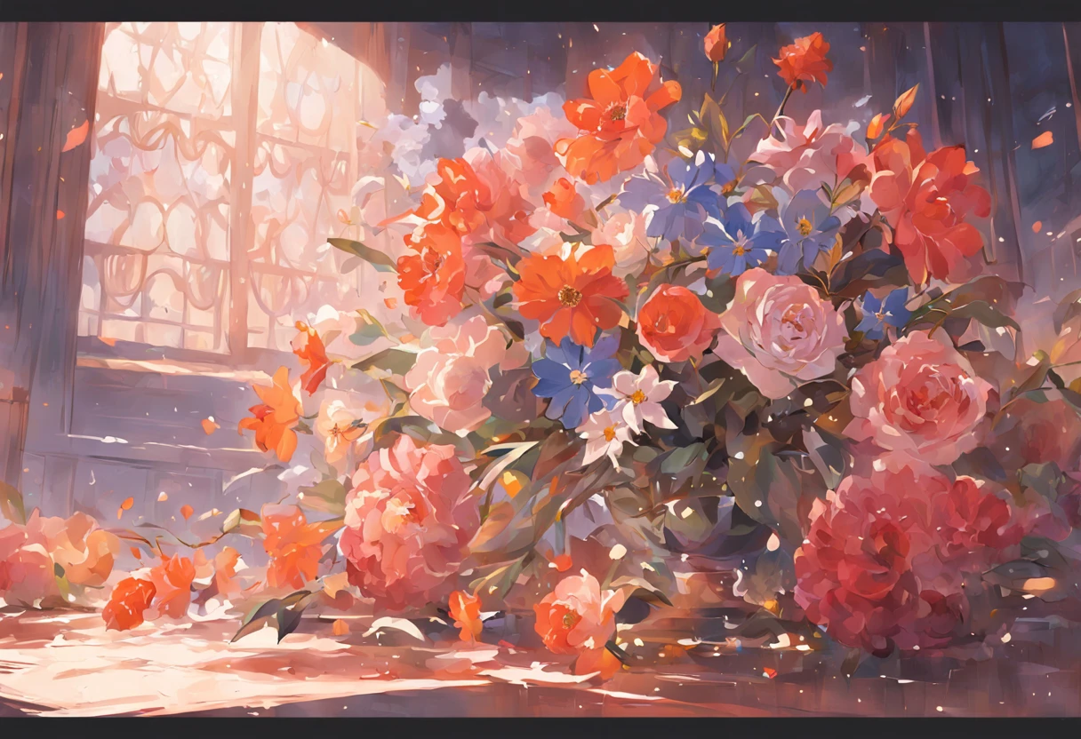 (Still life flowers are placed on the table),There is mild sunlight,Bright flowers,super detailing,best qualtiy,tmasterpiece,8K,Extremely detailed,OilPaintStyle