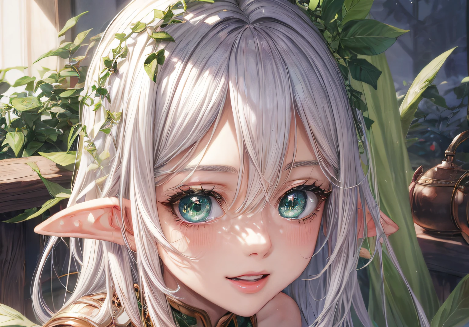 Elven girl, I looked at the camera with beautiful green eyes and a charming smile, Mouth open, White teeth, Cute little nose, Beautiful elf long ears, portrait of an elf, A very beautiful portrait of an elven woman, White colored hair, stars in her fixed eyes, breath-taking rendering, Extreme closeup, Sweet girl, attractive anime girls, Beautiful anime girl, Cute and beautiful anime woman, Detailed digital anime art, Beautiful anime girl, Beautiful anime girl, Anime with small details, Best quality, Masterpiece, Ultra-detailed, Beautiful, A high resolution, Original,CG 8K ультрареалистичный, Perfect artwork, beauitful face, face clean, skin, Ultra photo realsisim, Ultra detailed, A detailed eye, dramatic  lighting, (Realistic) Realistic, Full-HD, Best quality, Best quality, Beautiful lighting, (8k wallpaper of extremely detailed CG unit), High details, sharp-focus, The art of drama and realistic painting, Beautiful smile, incredibly detailed face, com rosto detalhado, A face with a lot of details, Perfect nose, Hefty Smile, a green star in the eye, Perfect eyeshadow, wink, hyper detail eyes, Ultra-detail of the eyebrows, Ultra-fine lashes,
