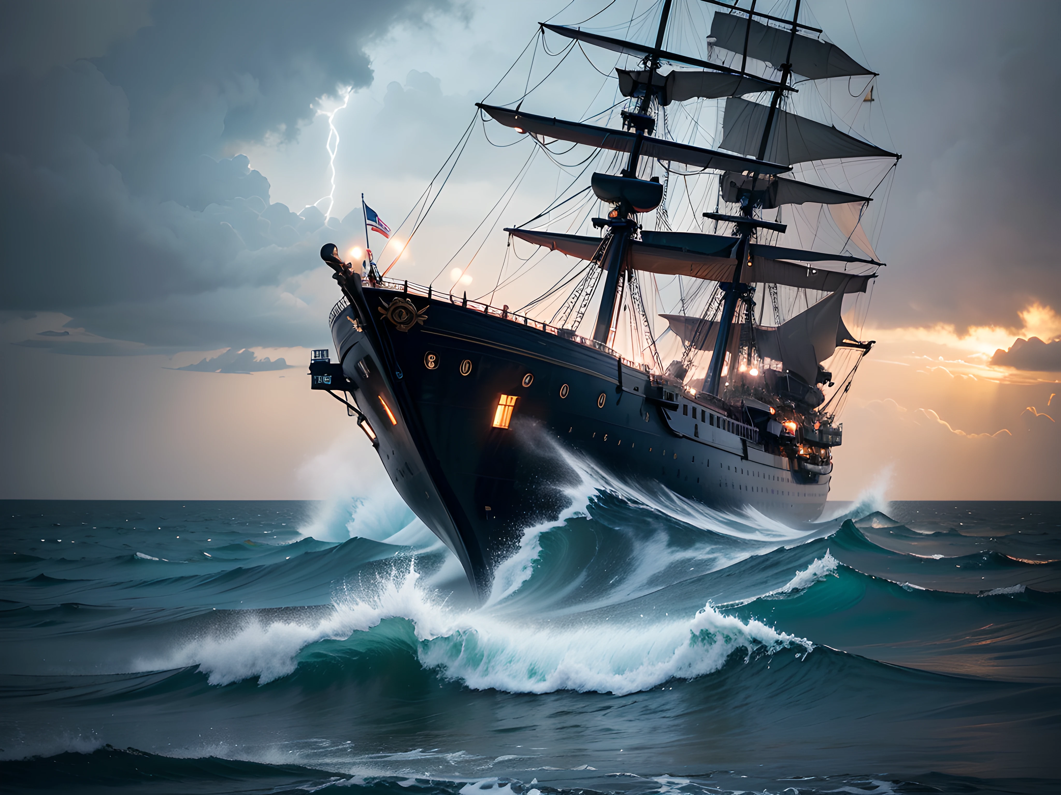 "Generate an ultra-high definition image of an ancient pirate ship battling the fury of a tempestuous sea. Utilize advanced lighting techniques to capture the interplay of lightning against the dark, dramatic sky, creating a sense of imminent danger and adventure. Position the camera to capture the pirate ship's imposing silhouette as it rides the colossal ocean waves. Implement a wide-angle lens to encompass both the ship's detailed structure and the vast expanse of the stormy sea. Employ a fast shutter speed to freeze the dynamic motion of the waves crashing against the ship, capturing the turbulent energy of the storm. Utilize diffused lighting to enhance the textures of the ship's timeworn wood and rigging, accentuating the dramatic atmosphere. Experiment with exposure settings to bring out the intricate details of the ship's design, using the occasional lightning flashes to illuminate the scene in a dramatic burst of light. Enhance the image's color palette to emphasize the storm's intensity, contrasting the dark hues of the sky and sea with the ship's weathered tones. Frame the ship within the composition using the rule of thirds, allowing the viewer's gaze to explore the ship's battle with the elements. Implement post-processing techniques to refine the image's contrast, sharpness, and color balance, ensuring that every aspect, from the crashing waves to the pirate ship's tattered flags, is rendered with breathtaking detail. Ultimately, capture the heart-pounding drama of a pirate ship navigating the treacherous waters of a stormy sea, inviting viewers to experience the adrenaline and peril of a high-stakes nautical adventure."