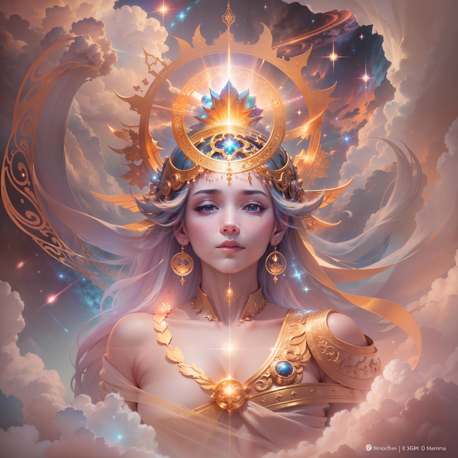 ((Realistic lighting, top-quality, 8K, ​masterpiece: 1.3)), clear focus: 1.2,Description: Create an image depicting the Supreme God, Representing God in His transcendent and universal essence.

Pricing, The main focus should be a bright light celestial image, Surrounded by a golden aura. This figure does not have to have a clear human form, It can be an abstract being that radiates wisdom, Power and infinite love.

The stage can be a wide expanse of the cosmos, Starred, Planets and galaxies in the background, Symbolizes the extent of God's power over the universe. The image should convey a sense of peace, Tranquility and harmony, Emphasizing God's transcendence beyond space and time.

Using soft colors and pastel tones、Create an ethereal atmosphere in heaven. Details must be delicate, Evoke a sense of divine beauty.

Avoid certain depictions of certain religions, Focus on a universal approach that inspires respect and admiration for God beyond human limits.

Remember that this is an artistic and symbolic interpretation, And the goal is、It is to convey spiritual connection and reverence for the magnitude of divinity