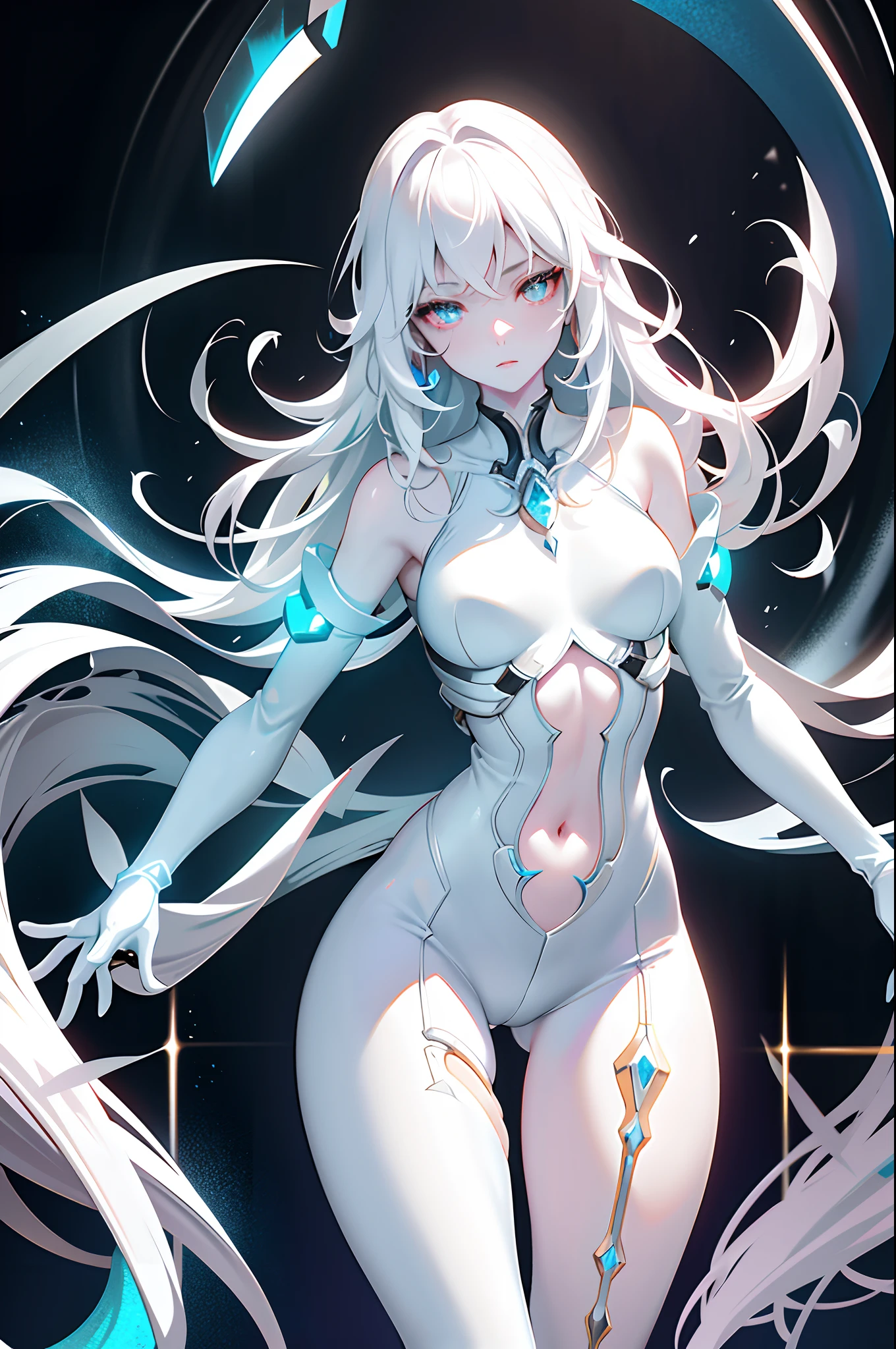 Close up, Gorgeous girl, Pale white skin, Cyborg, ((White skin)), Hourglass body, Slim body, Sexy, full bodyesbian, Thigh neon transparent dress, (Dark background), Bioluminescent tattoos, Cinematic lighting, Intricate, Masterpiece, Best quality