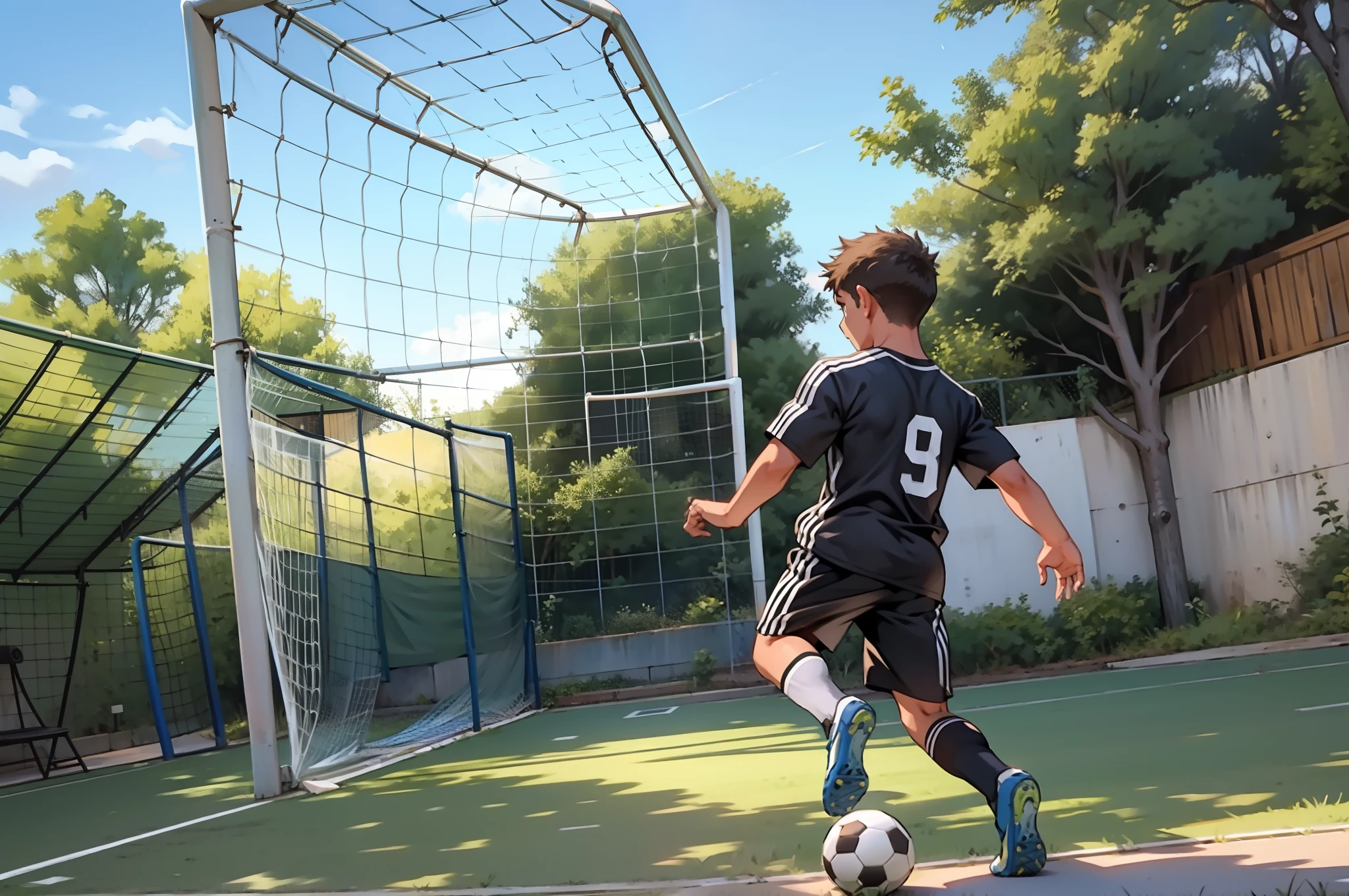 A boy playing football，soccer court