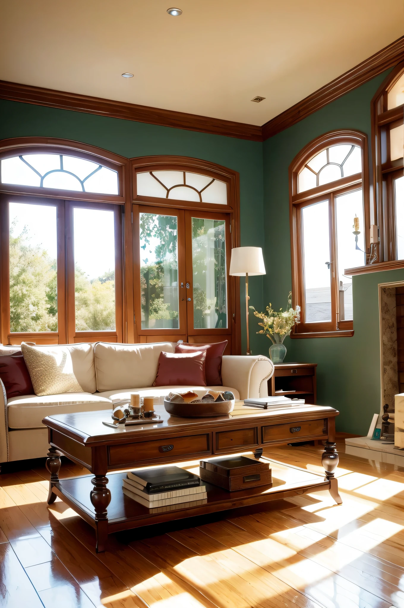 The coffee table in the beautiful living room is flooded with sunlight,There is a pack of cigarettes,An ashtray --auto