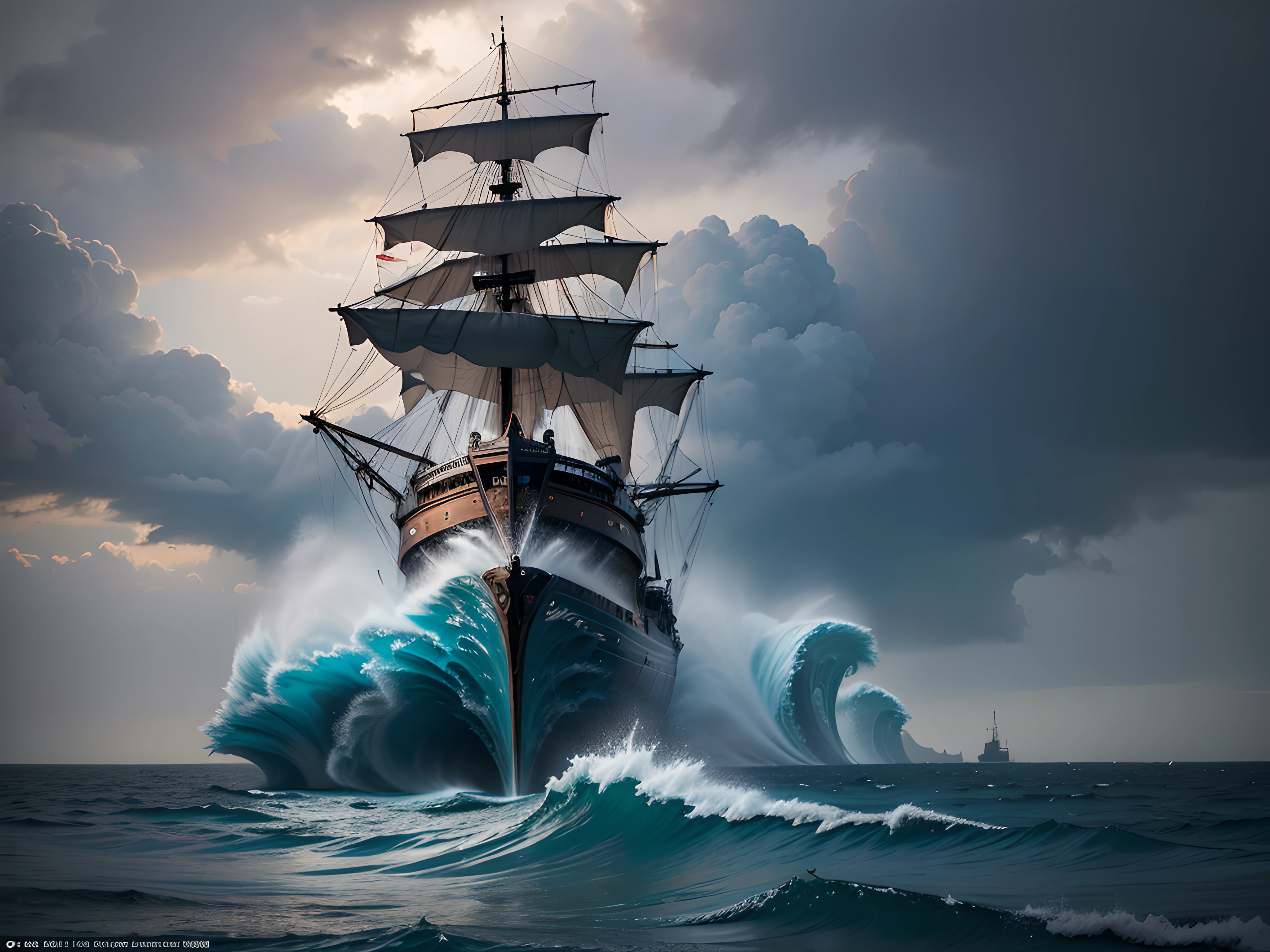 "Generate an ultra-high definition image of an ancient pirate ship battling the fury of a tempestuous sea. Utilize advanced lighting techniques to capture the interplay of lightning against the dark, dramatic sky, creating a sense of imminent danger and adventure. Position the camera to capture the pirate ship's imposing silhouette as it rides the colossal ocean waves. Implement a wide-angle lens to encompass both the ship's detailed structure and the vast expanse of the stormy sea. Employ a fast shutter speed to freeze the dynamic motion of the waves crashing against the ship, capturing the turbulent energy of the storm. Utilize diffused lighting to enhance the textures of the ship's timeworn wood and rigging, accentuating the dramatic atmosphere. Experiment with exposure settings to bring out the intricate details of the ship's design, using the occasional lightning flashes to illuminate the scene in a dramatic burst of light. Enhance the image's color palette to emphasize the storm's intensity, contrasting the dark hues of the sky and sea with the ship's weathered tones. Frame the ship within the composition using the rule of thirds, allowing the viewer's gaze to explore the ship's battle with the elements. Implement post-processing techniques to refine the image's contrast, sharpness, and color balance, ensuring that every aspect, from the crashing waves to the pirate ship's tattered flags, is rendered with breathtaking detail. Ultimately, capture the heart-pounding drama of a pirate ship navigating the treacherous waters of a stormy sea, inviting viewers to experience the adrenaline and peril of a high-stakes nautical adventure."