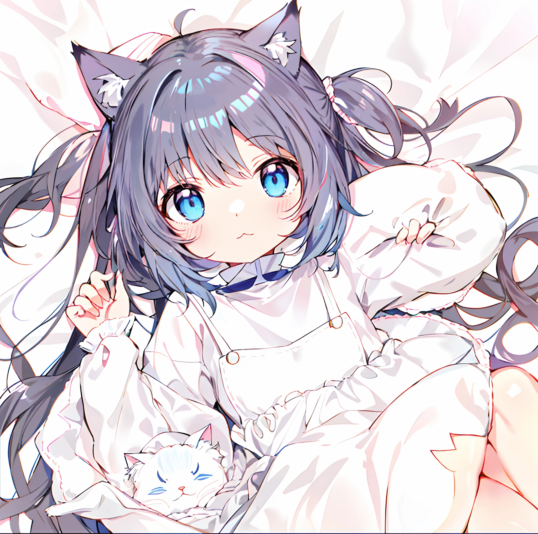 Anime girl lying on bed with long black hair and blue eyes, cute anime catgirl, White Cat Girl, anime girl with cat ears, beautiful anime catgirl, Very beautiful anime cat girl, anime catgirl, anime moe art style, White ( cat ) Girl, very beautiful cute catgirl, Cute anime girl, (Anime girl), anime cat, cat woman,The overall color tone is bluish white