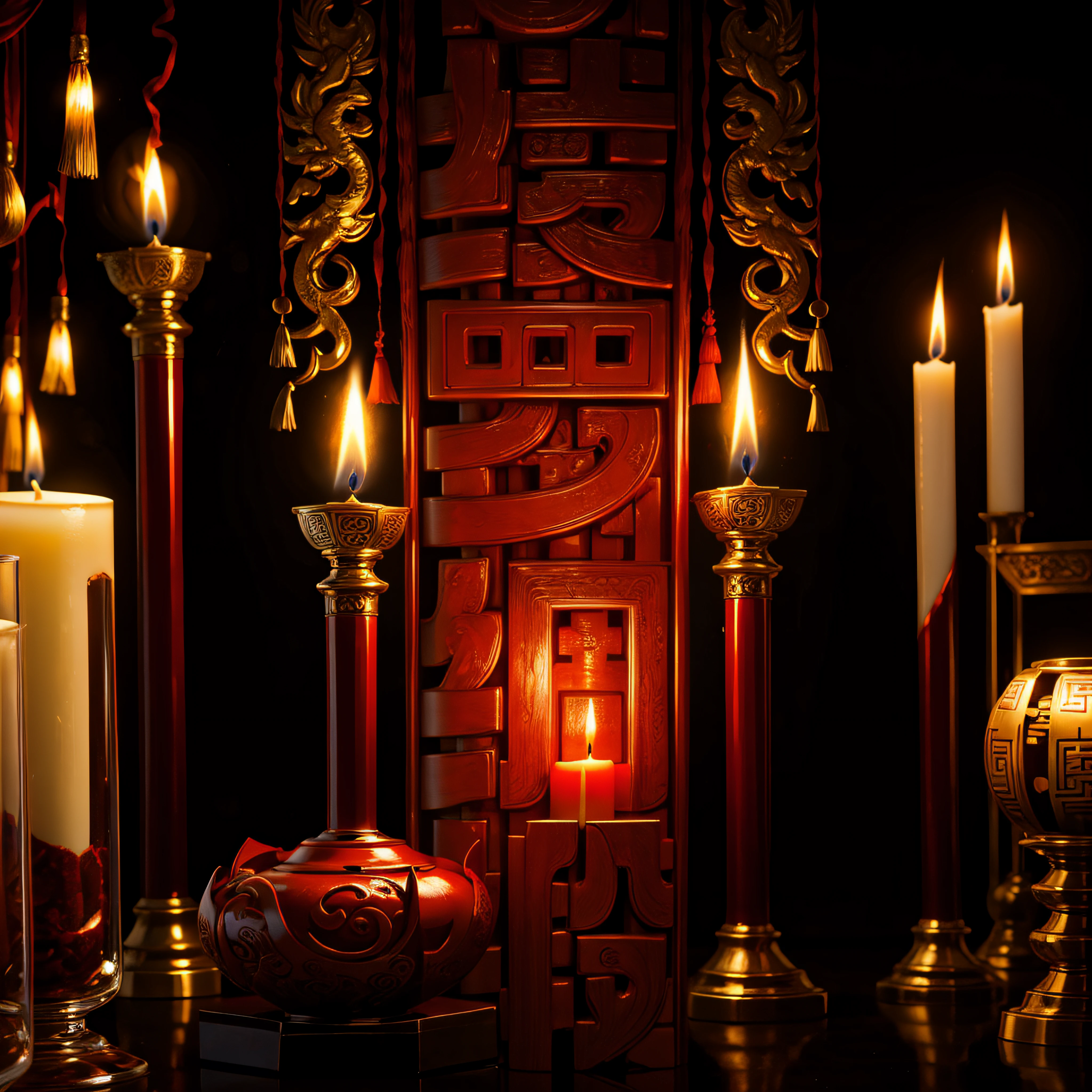 Red silk，totem，waxy candles，Wedding items，Chinese architectural motifs，Pattern ，tmasterpiece，Best quality，ultra - detailed。