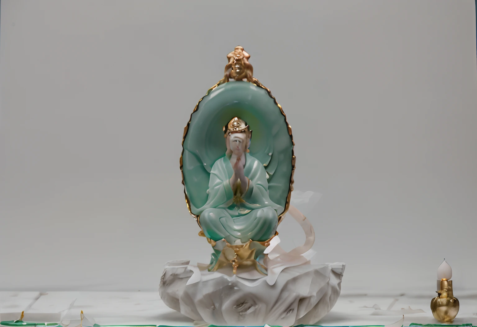 There is a green jade pendant,There is a small Buddha in the lower part,Hollow-out on,It has gold leaf on it, pendant,、Gold and jade, Buddhist, Jade, inspired by Tang Yin, inspired by Shūbun Tenshō, perfume bottles, Lotus, Song Dynasty, Tang dynasty, inspired by Wang Jian, inspired by Zhang Zeduan, inspired by Sesshū Tōyō
