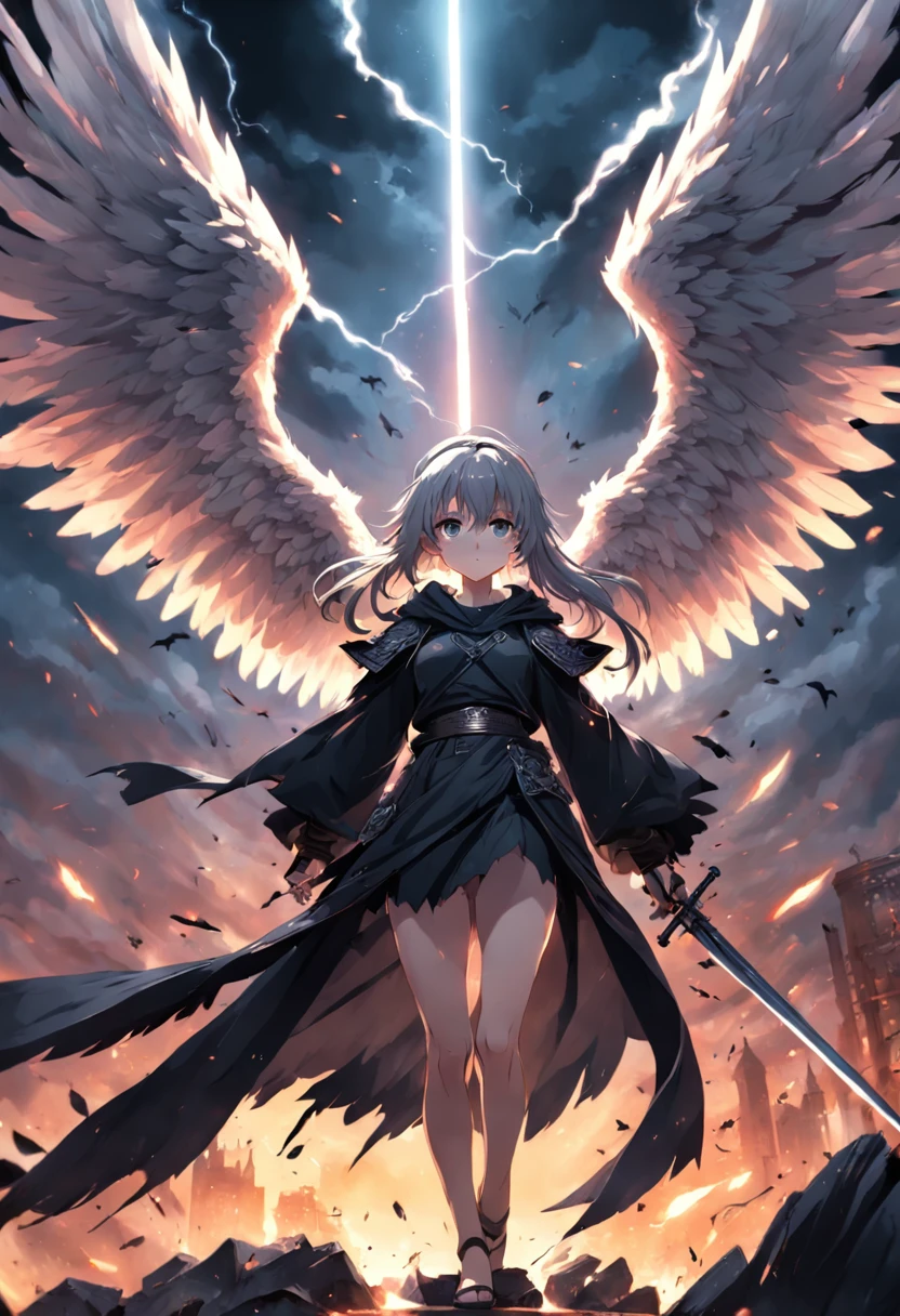 Realistic, 4K, Angels with big wings, Black clothes, one sword, Hood in war background image (chaos)