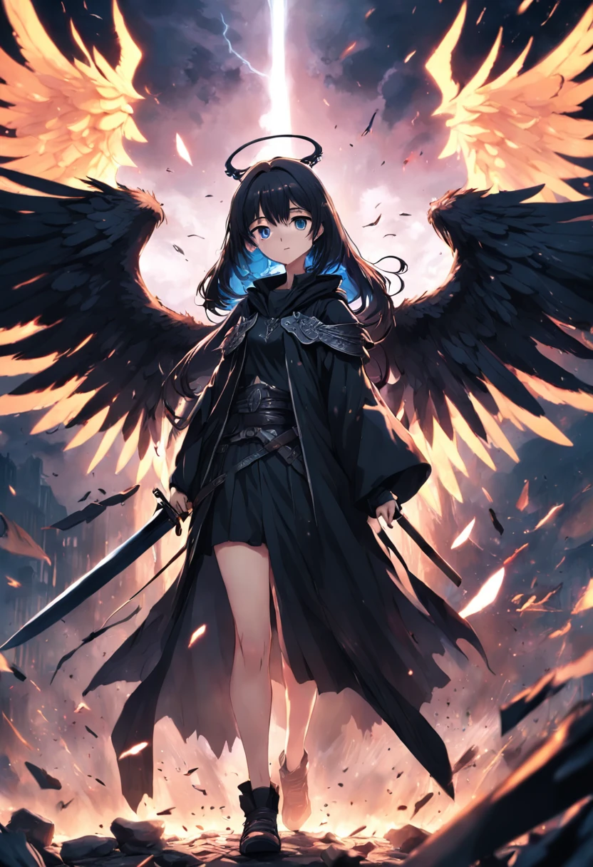 Realistic, 4K, Angels with big wings, Black clothes, one sword, Hood in war background picture (chaos)