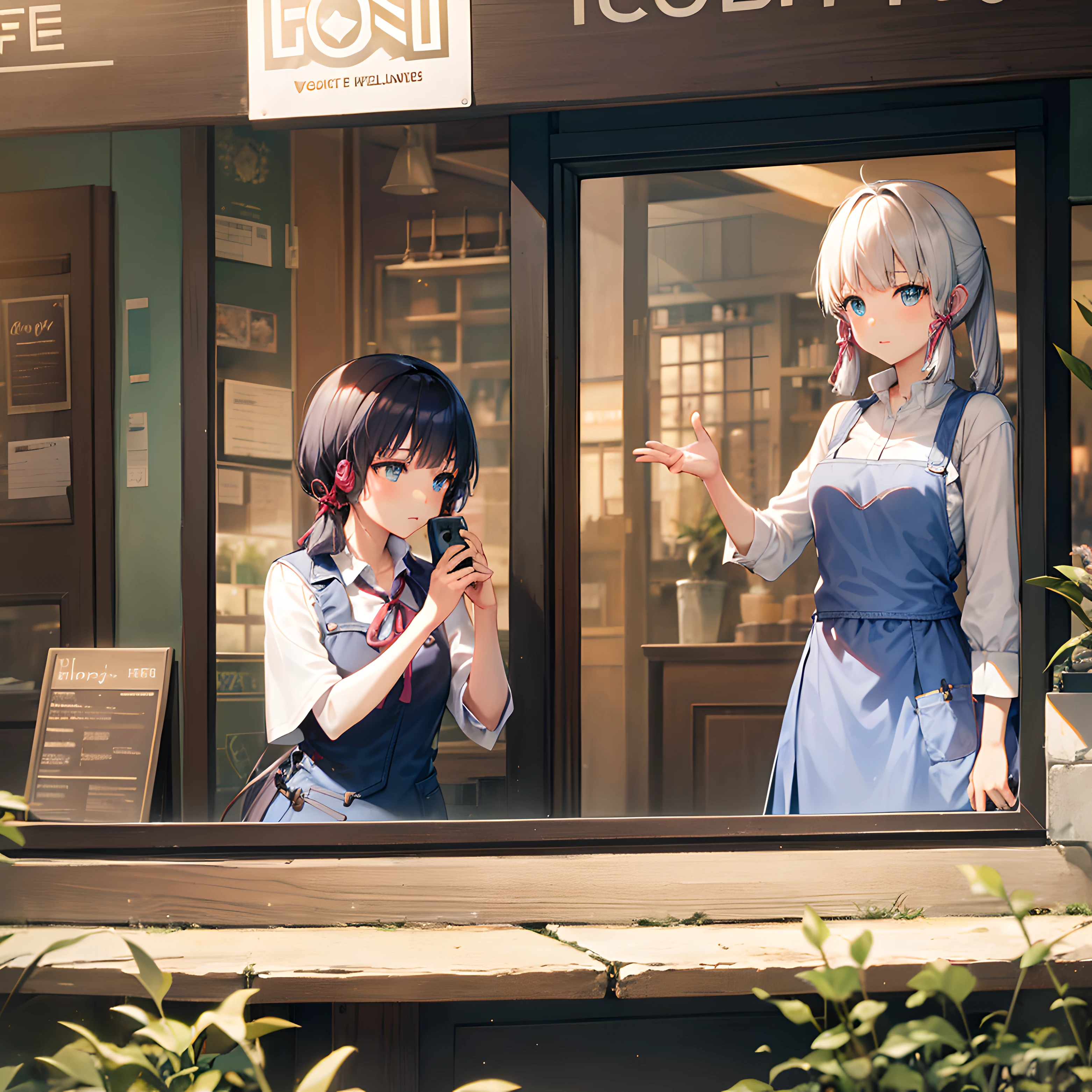 1girll，Cafe，By the window，kawa，Hold your chin with your hands，Headsets，Pondering，frontage，Look forward，Single horsetail，School uniform JK，High resolution 4K，Full character，cellular phone，natta