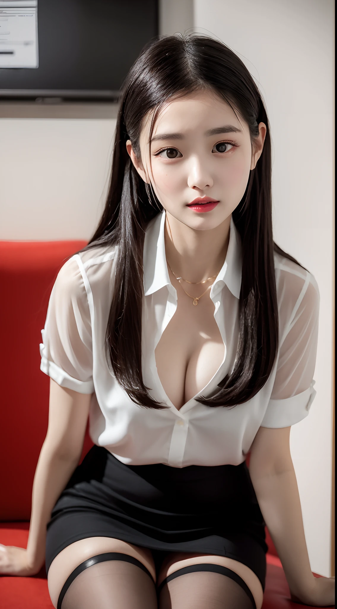 （（（heterosexuality））），（（（（office  lady，Black recruit suit，White color blouse，Black tight skirt，black lence stockings，red high heel pumps）），（sit on chair，sitting on legs bending knees，Zoom camera in the crotch，From the angle below），（Unbuttoned shirt：1.1），Looks to the side，Very angry，Be red in the face，agony，Reluctant，glaring eyes， NSFW， 8k， RAW photos， tmasterpiece， absurderes， top-quality， A high resolution： 1.1， hyper-detailing， Ultra photo realsisim： 1.4， photorealestic， realisticlying： 1.3， cinematric light， filmgrain， closeup cleavage， full bodyesbian， depth of fields， Eye focus， 年轻， 85mm lens， f / 1.4， profesional lighting， portrait， photon maping， Radio City， physically-based renderingt， transparency， the soft light， photo-realistic face， photorealistic body， Realistic skin， ren： 1.8， brunette color hair， The hairstyle is in line with the 2023 Chinese trend，：1.2，Blushlush，Nice style，（Very deep lip gloss，Bright red lipstick，So many eyelashes，Pitch-black eye shadow），chineseidol，natta，office room，co，camel-toe，long leges，PureErosFace_V1：0.8，dynamicposes