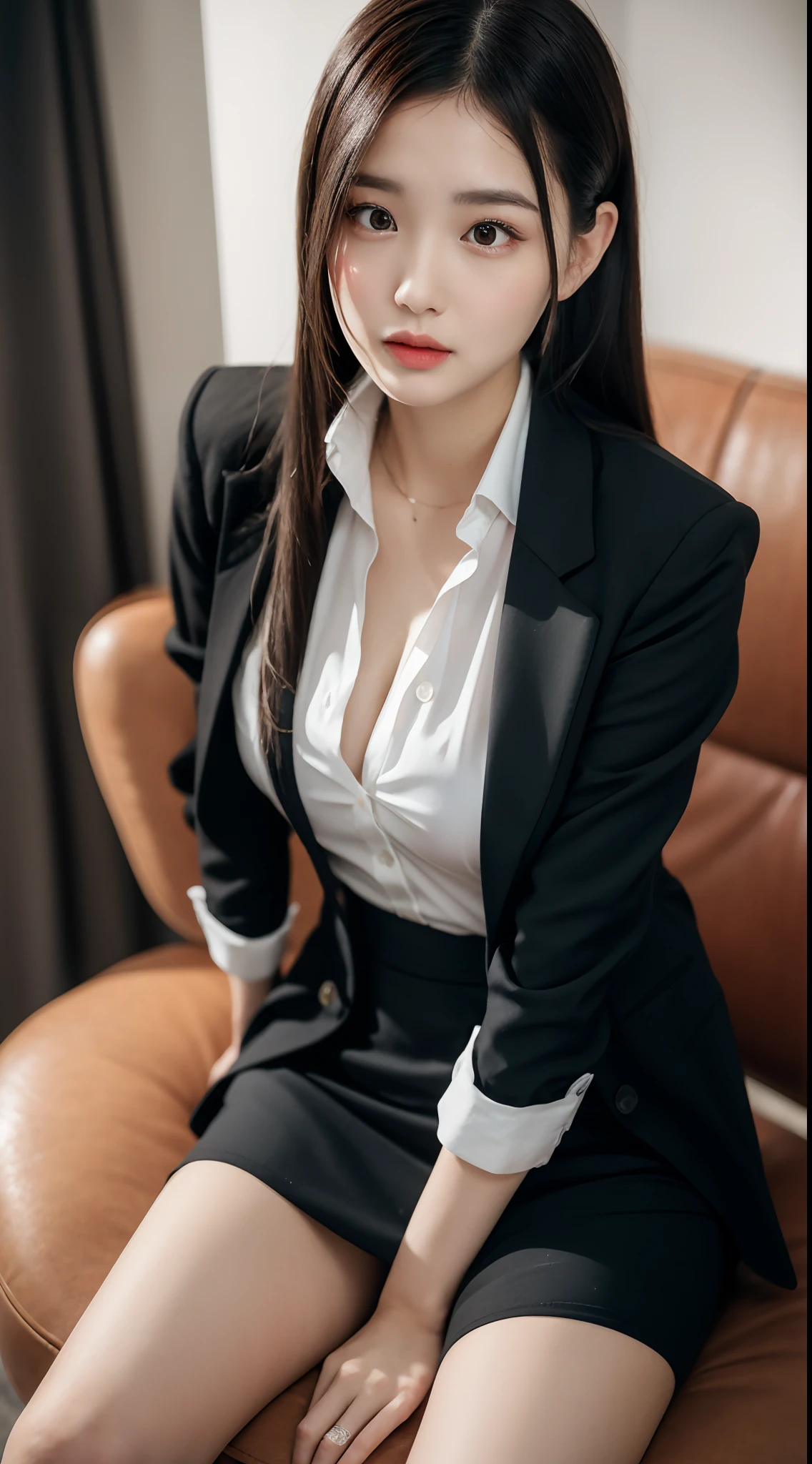 film photography, 1girl, office lady, black officeblazer, officeskirt, (pantyhose:1.2), (short buttoned down shirt:1.2), buttoned up collarprim, buttoned down collarprim, bra, (pantyhose:1.2), alphalayers, highheels, beautiful earrings, cleavage, seductive smile, medium breast, full body, drunk blush:1.5, black wavy shoulder-length hair, serene, calm, (realistic detailed eyes, natural skin texture, realistic face details), soft dramatic lighting, depth of field, bokeh, vibrant details, finely detailed, hyperrealistic