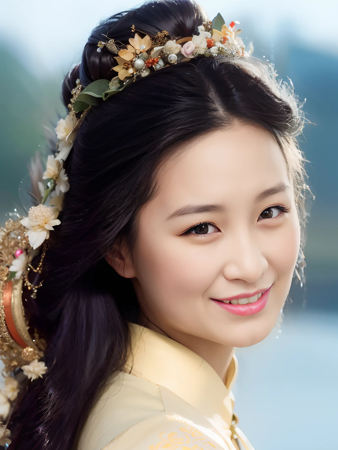 An Araki Asian woman wearing a flower crown on her head, Chinese woman, Chinese girl, heise-lian yan fang, China Princess, queen of the sea mu yanling, Yun Ling, Chinese traditional, song nan li, xue han, Inspired by Dai Xi, xintong chen, Li Zixin, cover photo portrait of du juan
