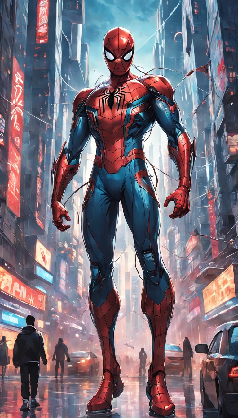 Get ready to witness the merging of the worlds of Spider-Man and Cyberpunk in one breathtaking image. Nesta obra-prima visual em 8K, You will be transported to a futuristic and dystopian environment, where the iconic Marvel hero gets a new look.

O Homem-Aranha surge em uma paisagem urbana imponente, dominated by gigantic skyscrapers and holographic advertisements that shine brightly. The neon lights reflect off his cybernetic armor, creating a striking contrast between the hero's characteristic red and blue and the oppressive darkness of the environment.

Seu traje, remodelado para se adequar ao estilo Cyberpunk, features metallic details and futuristic lines, combining functionality and futuristic aesthetics. The advanced fabric, adornado com circuitos luminosos, it seems to pulsate with electronic energy as Spider-Man prepares to face the challenges of this chaotic world.

The surrounding city is full of characteristic elements of the Cyberpunk style, como carros voadores, cyber implants, Drones and robots, Adding a unique and technological atmosphere to the image. The contrast between the grandeur of the buildings and the presence of Spider-Man in the midst of this dystopian landscape conveys a sense of solitary heroism and resilience against adversity.

A qualidade impressionante em 8K permite que cada detalhe seja visualizado com clareza e realismo, from the intricate webs cast by Spider-Man to every reflection and texture in the futuristic environment.

Get ready to marvel at this epic junction between the Spider-Man universe and the Cyberpunk aesthetic, in an image that will captivate your imagination and transport you to a world where action, a tecnologia e a aventura se unem em perfeita harmonia.
