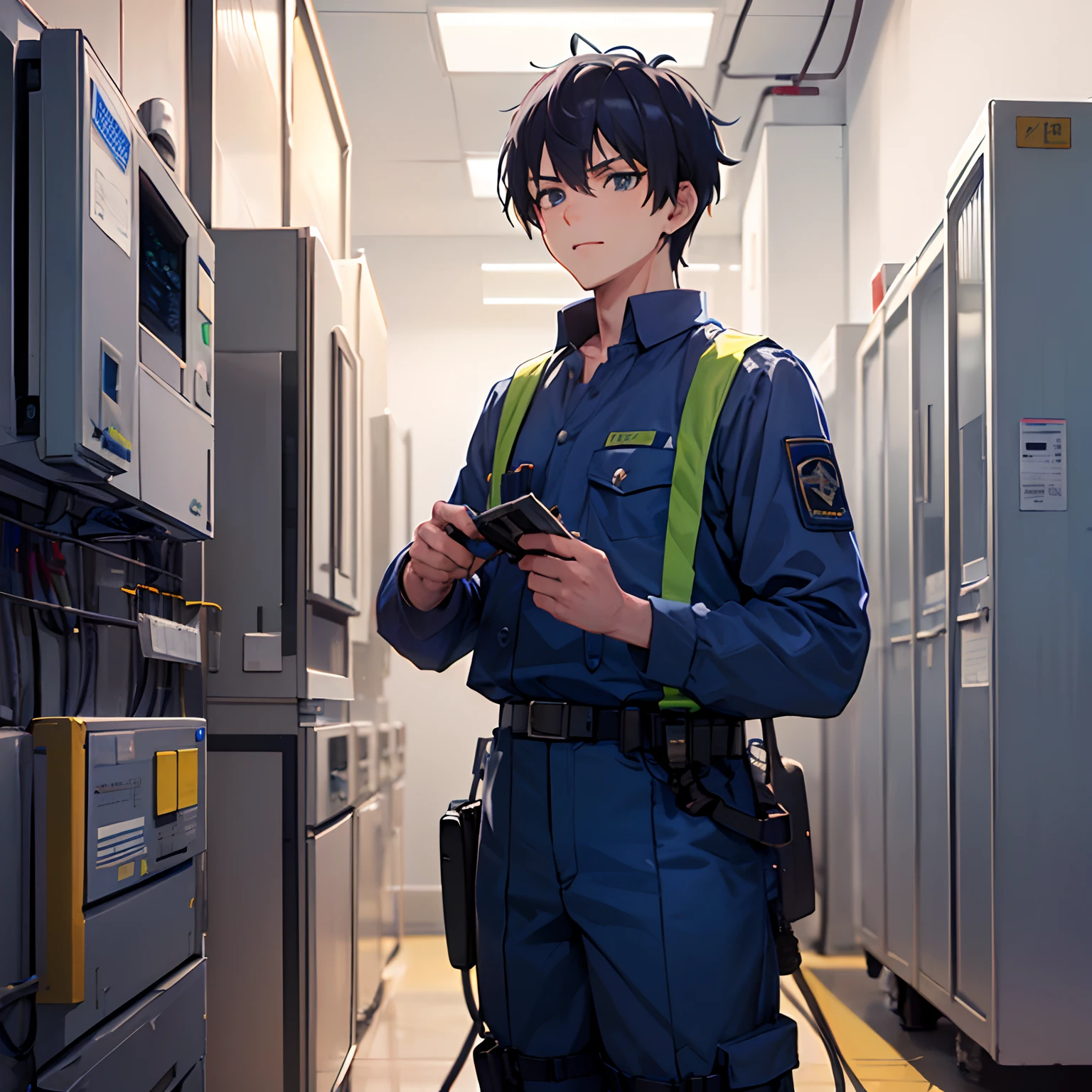 (masterpiece:1.2), (Electrician boy in anime-style handsome network and distribution line wearing blue uniform:1.2), (All personal protective equipment is ready for safety talks), 1boys, anime boy