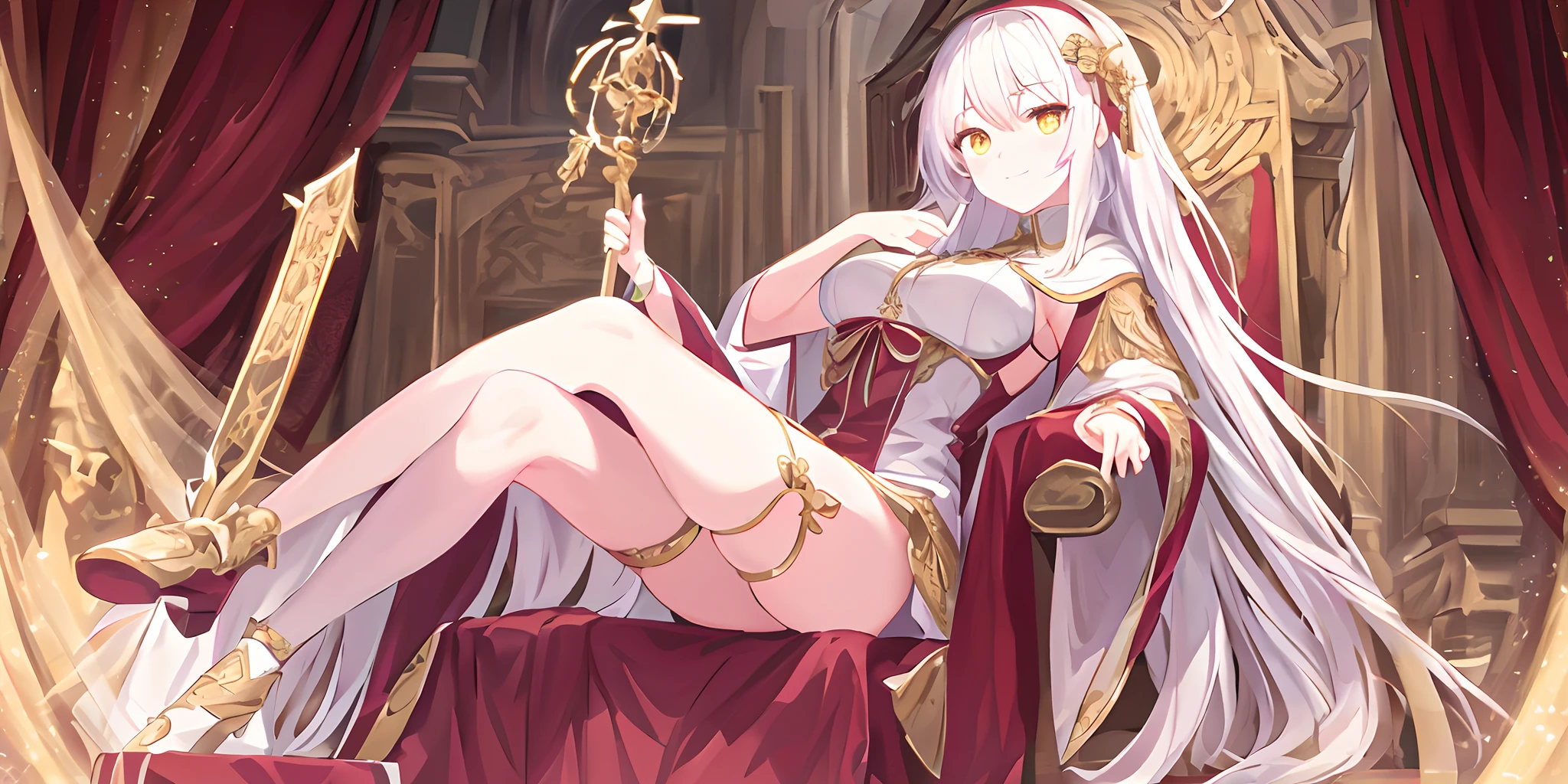 Pope full body,Poor milk,On the scepter,seated on a throne,((A big, Light white red robe,The pattern is complex)),(1个Giant Breast Girl),(独奏),(cute anime face),Gold eyes,long white hair,ssmile,The halo,(Sit on a low throne),In a magnificent castle,A high resolution,