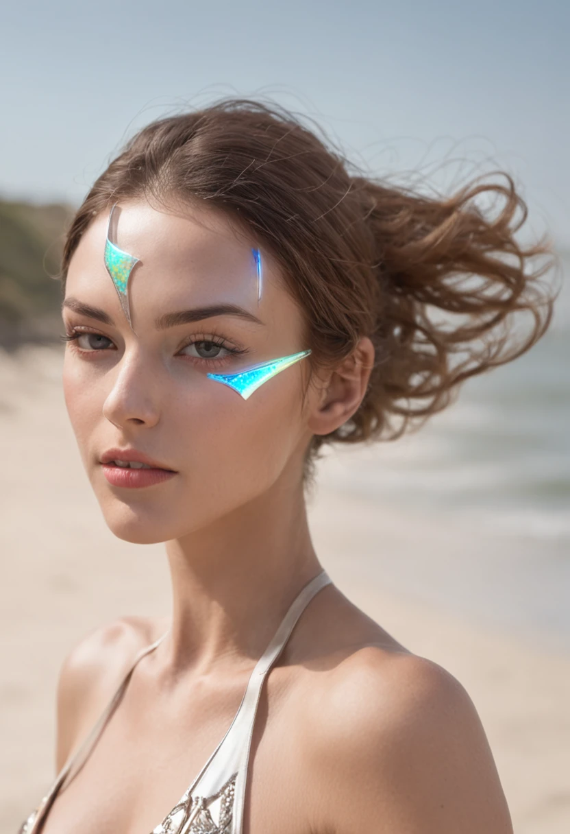 Genera una imagen de una persona hiperrealista que personifique un enfoque futurista y una dosis de sensualidad, while enjoying a sunny day at the beach. His figure is a perfect amalgam of aerodynamic lines and seductive curves, encapsulating the aesthetics of an advanced world in technology and design. Her face combines avant-garde features with a classic beauty, creating a unique and attractive appearance.
Mientras se relaja en la playa, Your swimsuit blends seamlessly with the futuristic and serene surroundings. Los ojos de esta persona hiperrealista brillan con una luz futurista, Reflecting the innovation and mystery of tomorrow. Su cabello, with holographic flashes, fluye en patrones elegantes y audaces, creando un contraste llamativo con su piel impecable.
The beachwear she wears combines futuristic materials with avant-garde lines that enhance her figure., while evoking an aura of intrigue and seduction. Con actitud segura y confiada, This person embodies the vision of the future where technology and beauty are provocatively intertwined.. Its futuristic style and magnetic sensuality make it an unforgettable icon in reality., A figure that captivates the eye and imagination in the midst of the serene beauty of the beach.