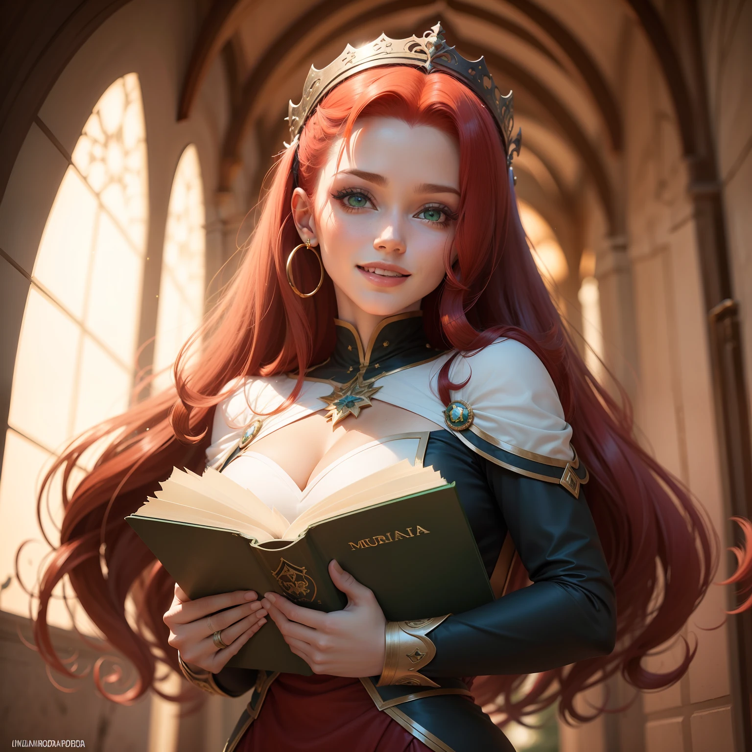 Mulher, cabelo vermelho intenso, ruiva, corpo inteiro, cintura fina, quadris estreitos, sardas, muitas pintinhas no rosto ,corada, sorriso, feliz, olhos verdes, foto realista, vestido simples branco medieval,cenario segurando livro
