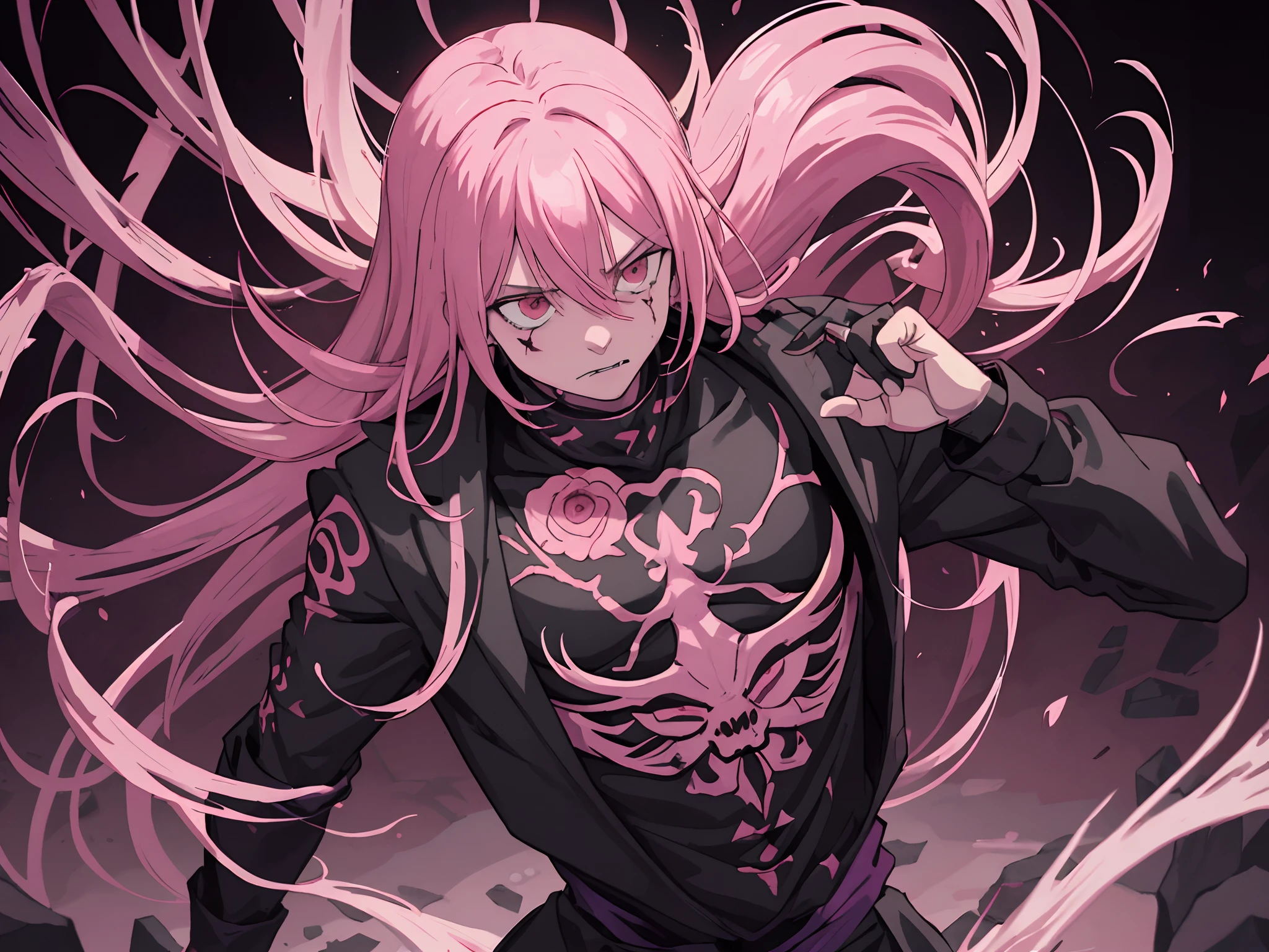Homem cruel, cabelo rosa, tatuagem em todo o corpo, Language output, forte, vestindo terno, dark backdrop, bones on the ground, blood on the ground, Curses in the air, olhar psicopata, Sukuna, Jujutsu Kaisen