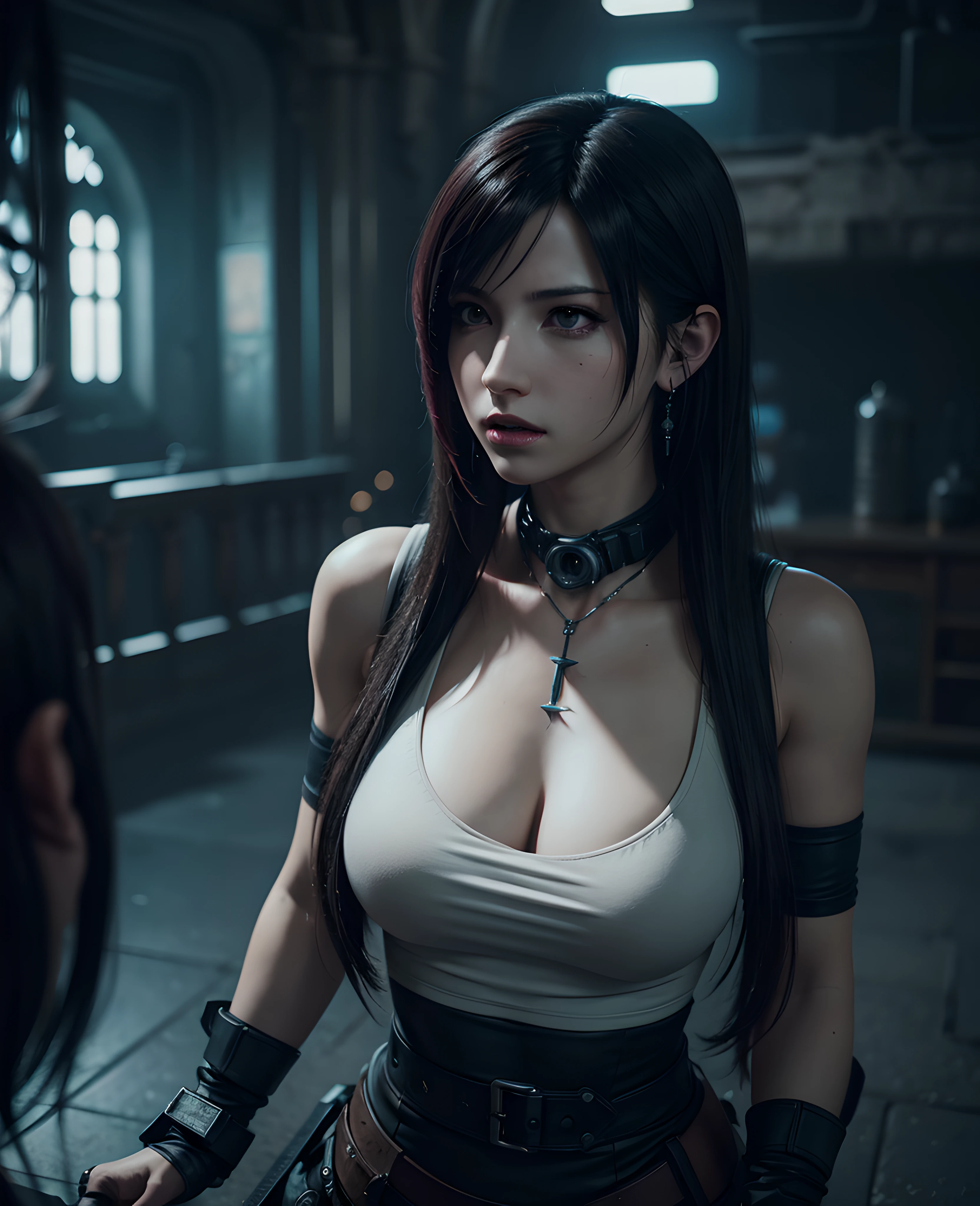 A Cyberpunk tifa lockheart of final fantasy as a Hogwarts Character,masterpiece, best quality, photorealistic, cinematic lighting, dark atmosphere, volumetric lighting,