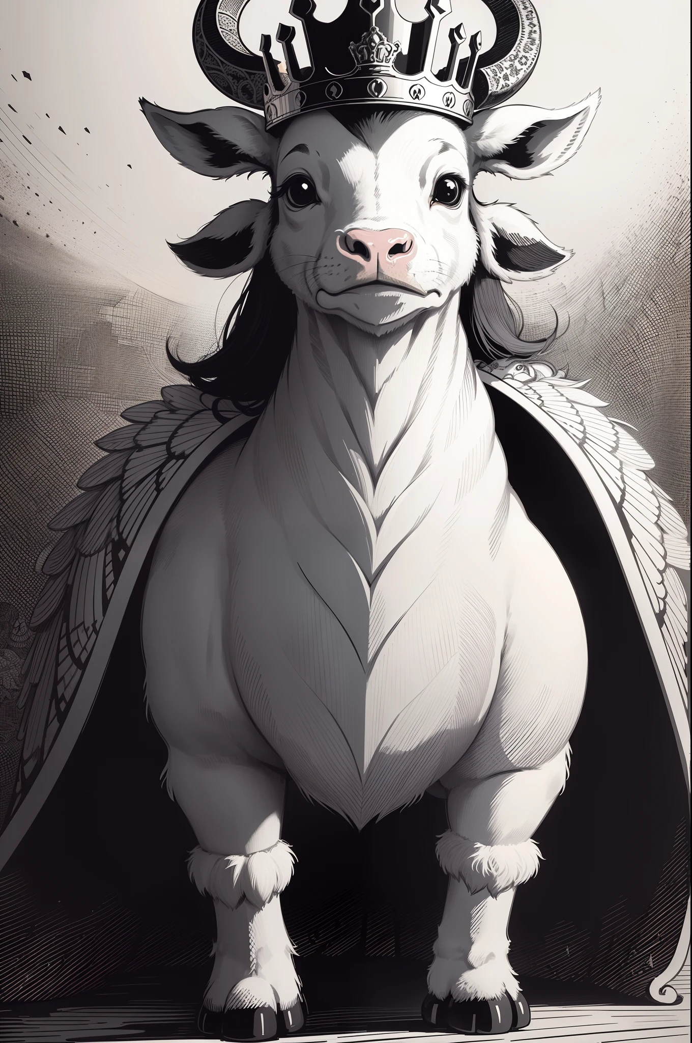 Cute little calf with a crown on his head,A half body,in a panoramic view,woodcut print,Highly detailed lines,Black and white illustration,Vector illustration,white backgrounid