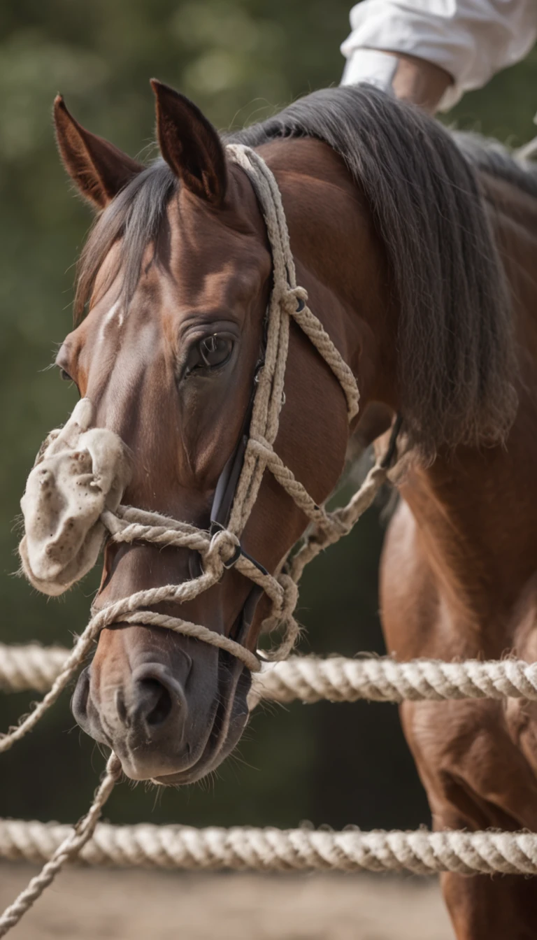 In the white castle, horses were suspended from ropes in the air，The horse's expression was panicked！The tongue spits out, and the horse's tail is long，The horse is physically fit！