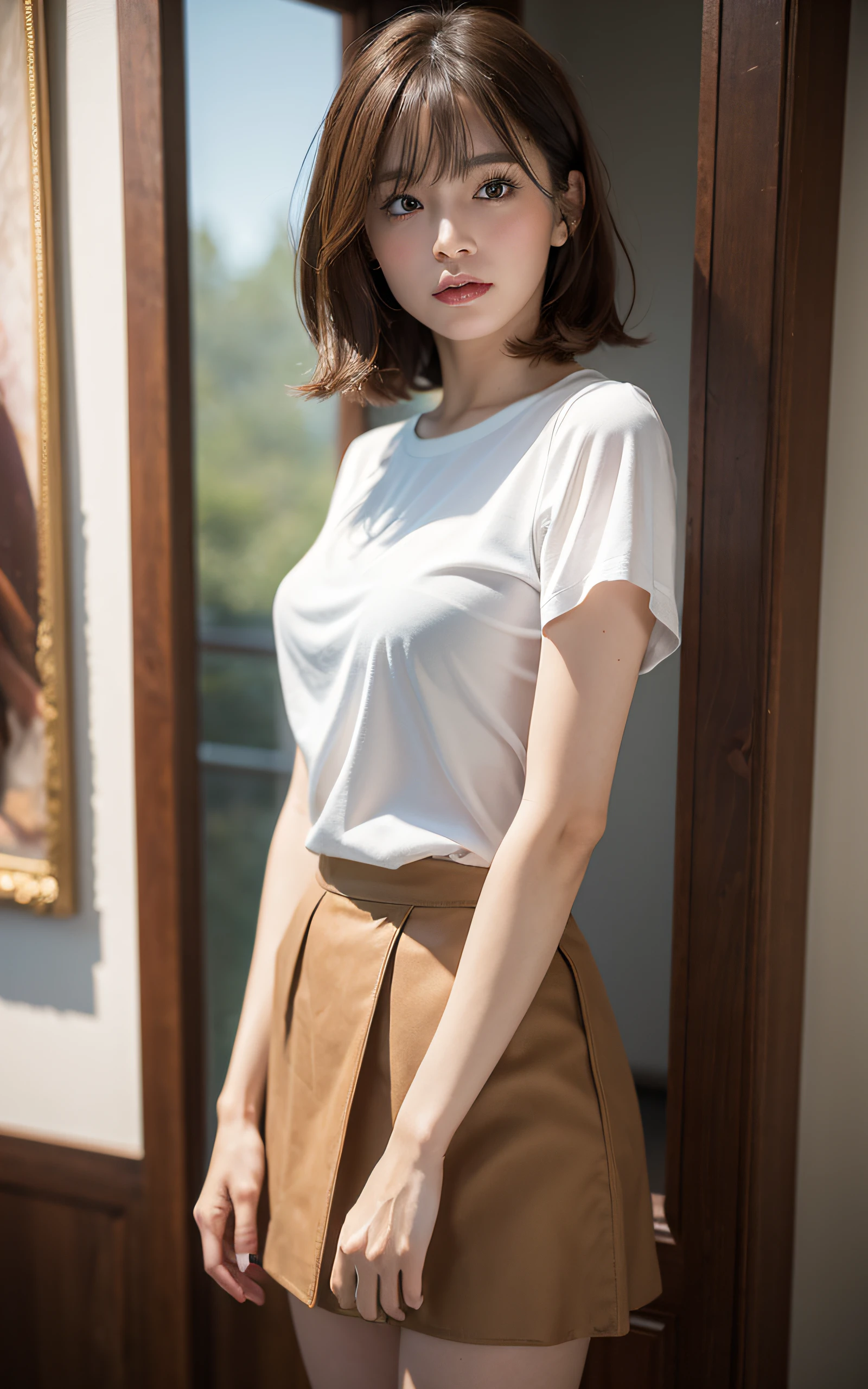 ((top-quality、8k masterpieces:1.3))、(ultra beautiful faces:1.0)、(shinny skin:1.0)、photos realistic、Brown hair, Short bob hair, layers-Cut, Her hair is swaying in the wind, Bangs, Video Lighting、High-definition eyes and face、1 japanese girl, Neat and clean beauty, Silk Short Sleeve Blouse, mini skirt, Cute, Girly, from the front side、medium breasts、sad, Museum Painting Exhibition Room, congestion, Many people