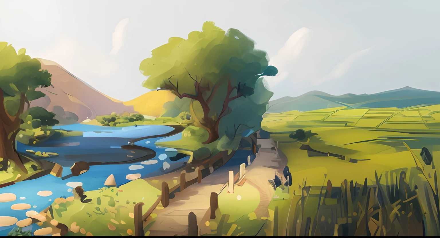 There is a painting,The painting shows a river running through a field, digital 4k painting, 4 k digital painting, 4k digital painting, anime countryside landscape, A digital painting, digital landscape art, Anime landscape, low details. Digital painting, gouache matte painting, stylised painting, environment painting, landscape artwork, Landscape illustration, painted landscape, Detailed digital painting, environment design illustration
