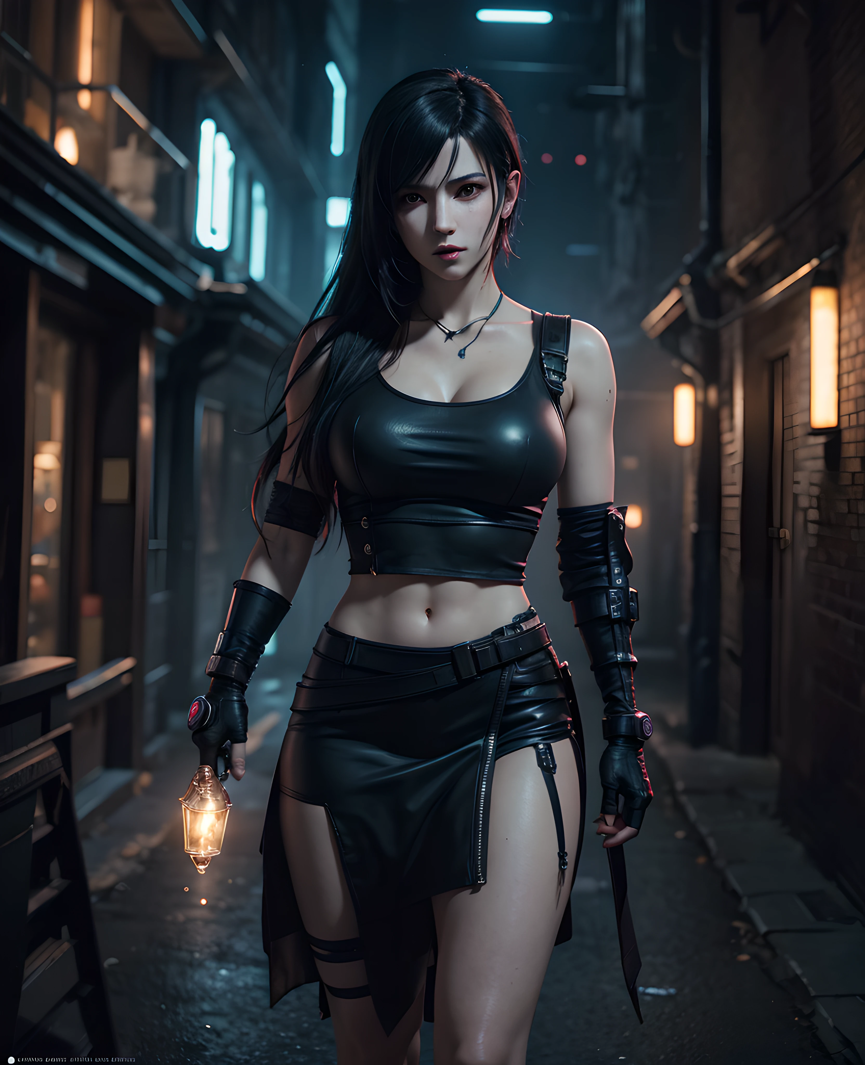 A Cyberpunk tifa lockheart of final fantasy as a Hogwarts Character,masterpiece, best quality, photorealistic, cinematic lighting, dark atmosphere, volumetric lighting,