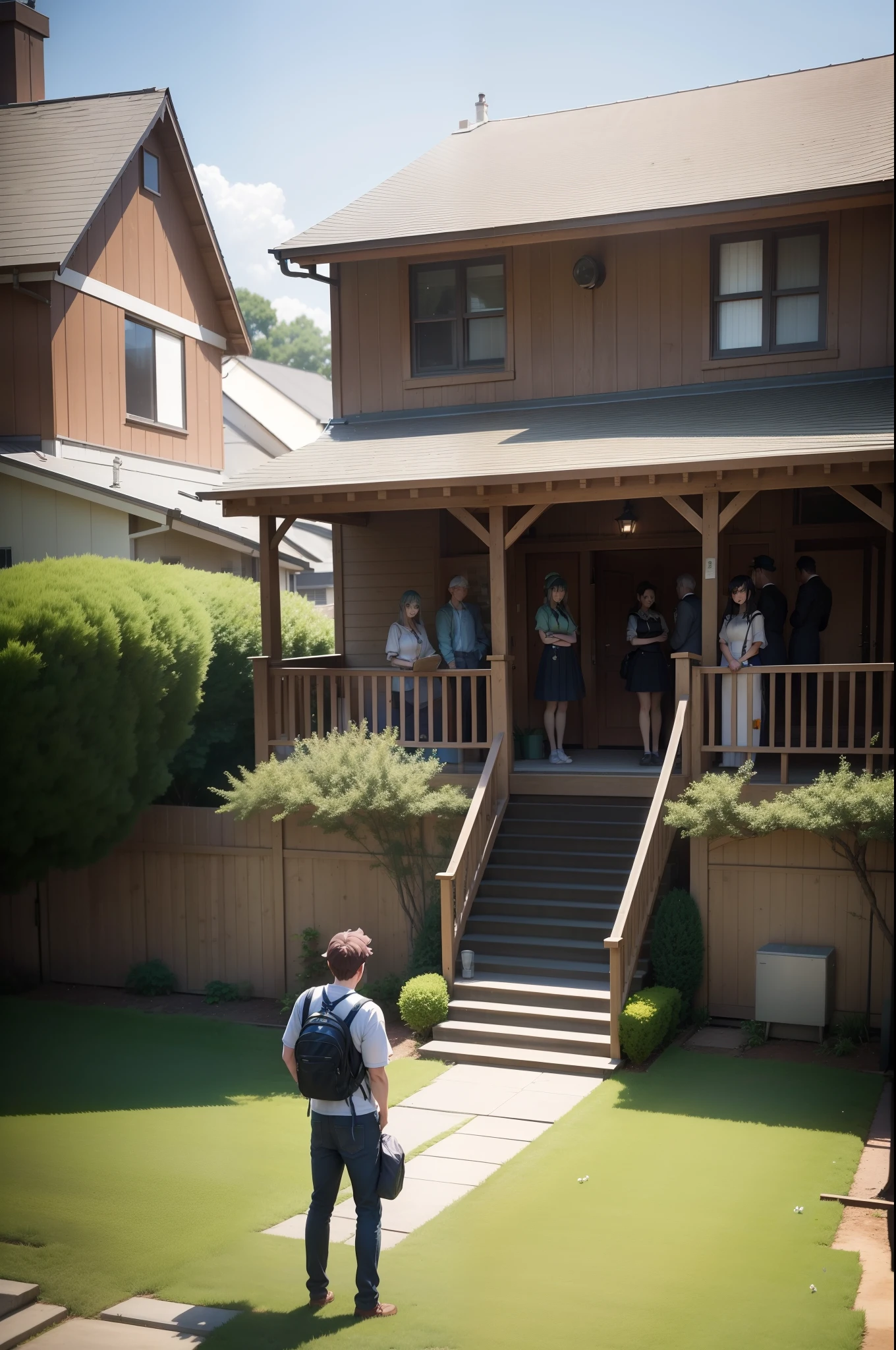 There was a group of people standing outside the house,Two-story building,Outside the house is the yard,grassy fields,Five people,Middle aged,3 men,2 women,2.5D,Anime figure,summertime,rcasual,tmasterpiece,Top image quality,hyper HD,Super A resolution