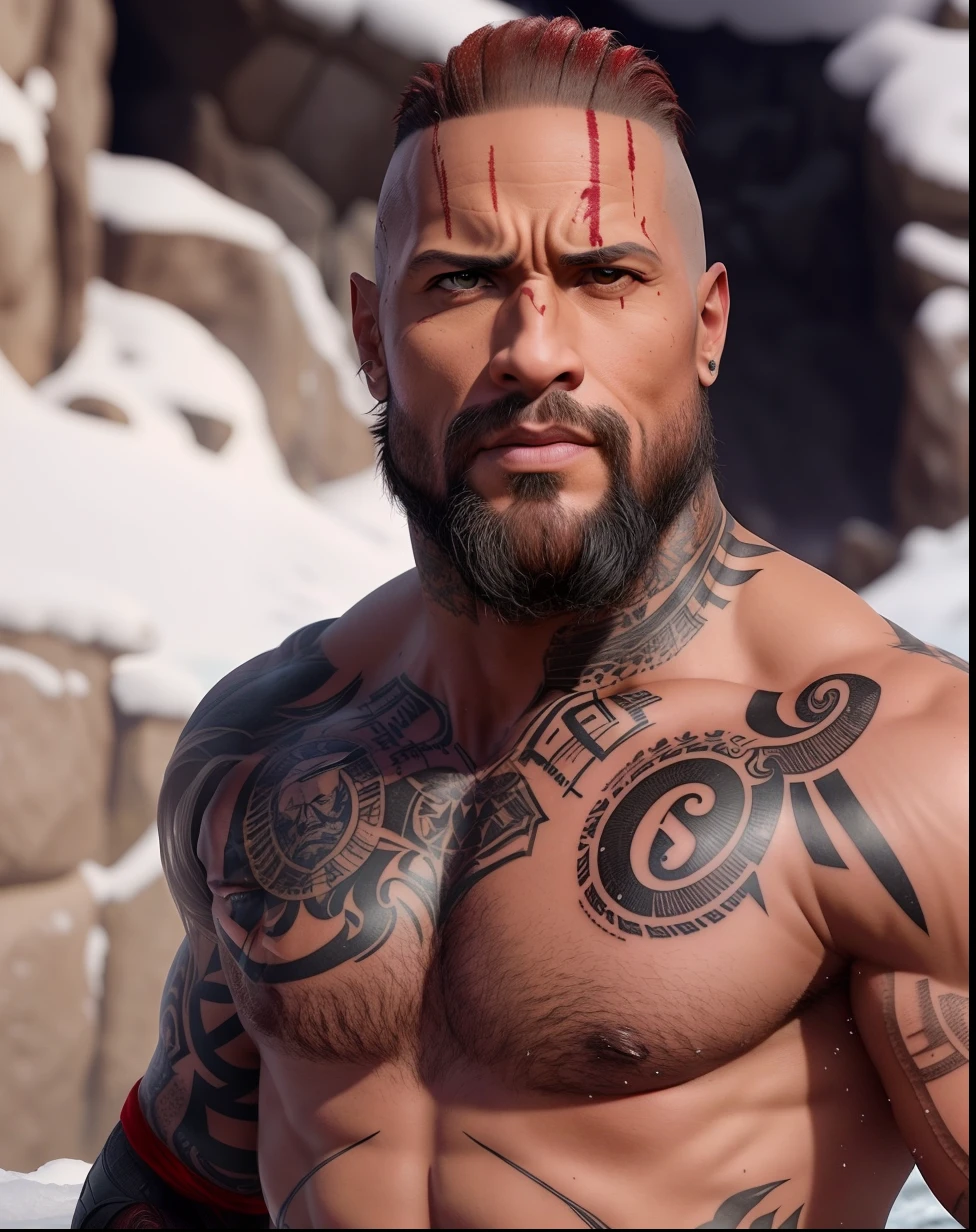 Man with tattoos and beard standing in the snow, com tatuagens de runa no rosto, Dwayne Johnson como Deus da Guerra, Sam Hyde em God of War 4, deus da guerra 2 0 1 8, Deus da Guerra, filme ainda de Deus da Guerra, barba viking, Personagem pequeno. Motor Unreal 5, Dwayne Johnson como Kratos