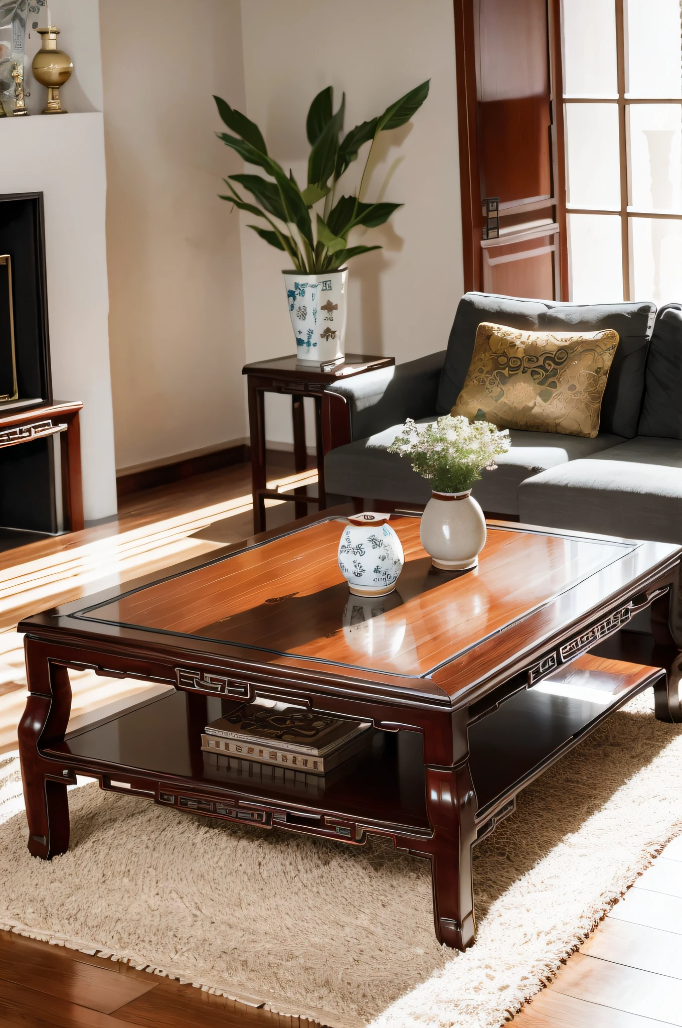 The coffee table in the beautiful Chinese living room is drenched in sunlight，There was a pack of cigarettes，ashtray --auto