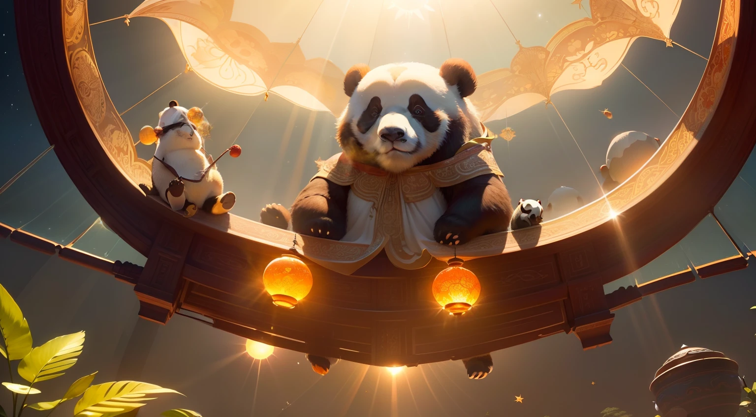 (((Beautiful illustrations))), high high quality, Extremely delicate CG unified 8K wallpaper，(((shining sun))), ((Warm and bright)), ((Huge glass canopy)), ((Chilean elves+Panda butler)), ((A pepper spinner stretching out to the sun)), ((Dynamic growth)).