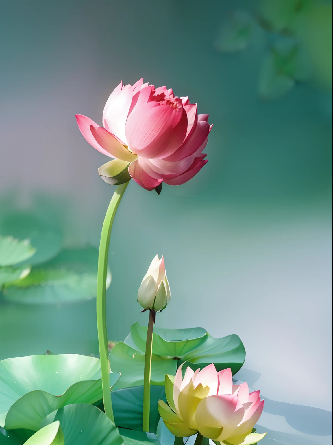 There is a pink flower growing out of the green leaves, beautiful  flowers, lotuses, very beautiful photograph of, Beautiful wallpaper, lotus flower, lotuses, with lotus flowers, Beautiful image, standing gracefully upon a lotus, Beautiful nature, Beautiful flowers, beautiful flowers growing, Lotus, author：Li Kelan, Beautiful large flowers, pink flower，A bit out of the mud and not stained。