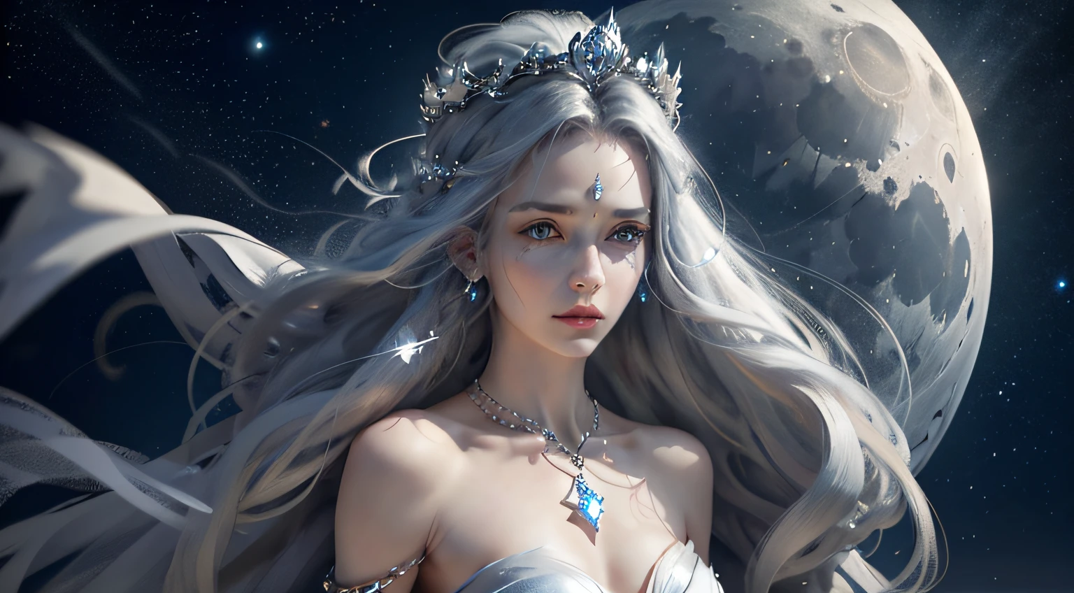 Pale woman with long gray hair. Her eyes are cold and mysterious.She is dressed in a light dress with patterns in the form of stars, giving it an airy aura. A slight touch of magic surrounds her appearance. There are also silver jewelry depicting the stars and the moon, And the crown of metal is decorated with ancient runes.Chains are attached to the dress, that wrap around her body, as a symbol of mystical connection with mysterious forces.